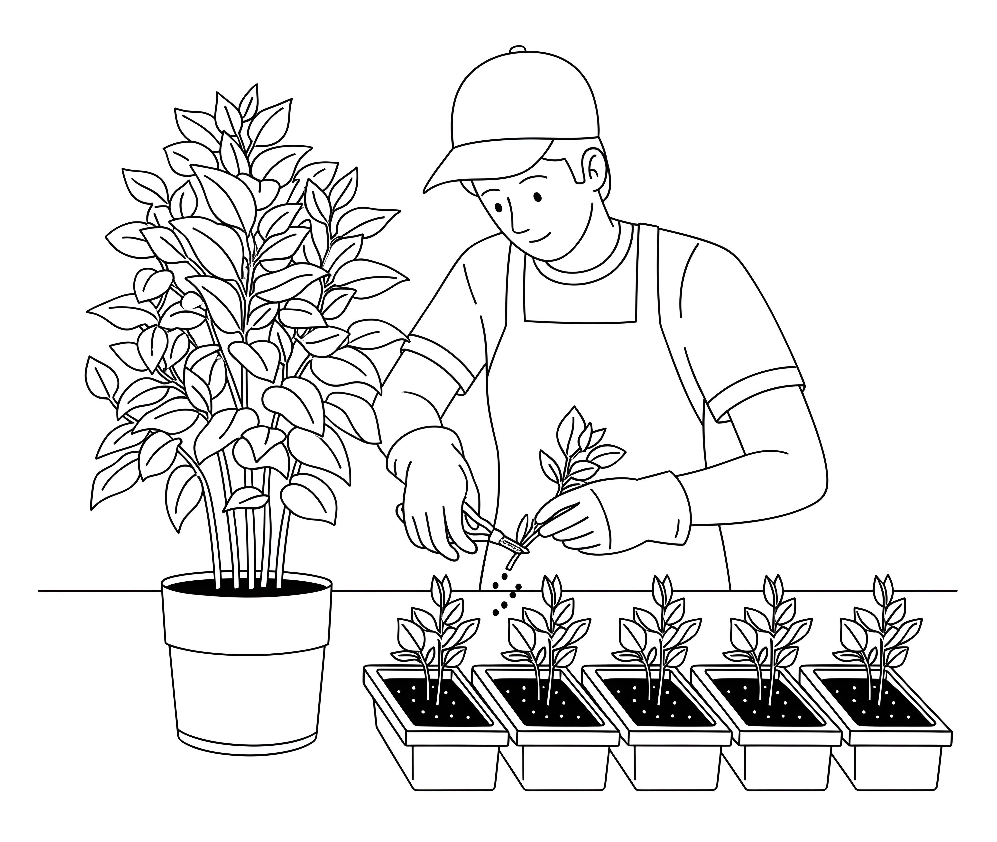 A black and white line drawing depicting a person wearing a cap, apron, and gloves, carefully propagating new plants. On the left, a large potted plant serves as the source. The person is using scissors to snip a small stem, preparing it to be planted into one of several small seedling trays lined up in front of them, each containing young plants. Black dots around the trays suggest seeds or new growth.