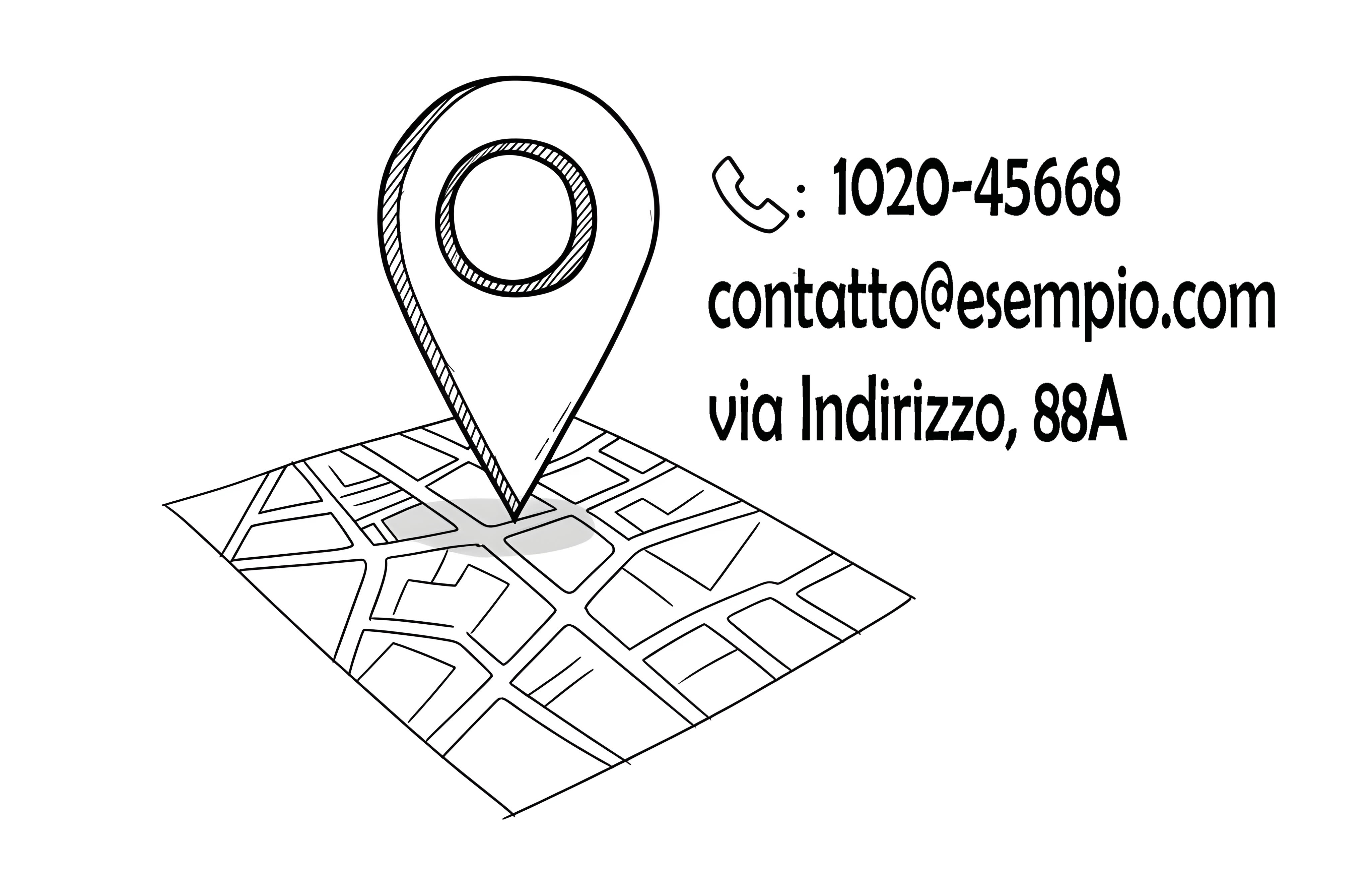 Illustrazione di un segnaposto su una mappa accanto a telefono, e-mail e indirizzo, a simboleggiare i diversi modi per contattare un’attività..