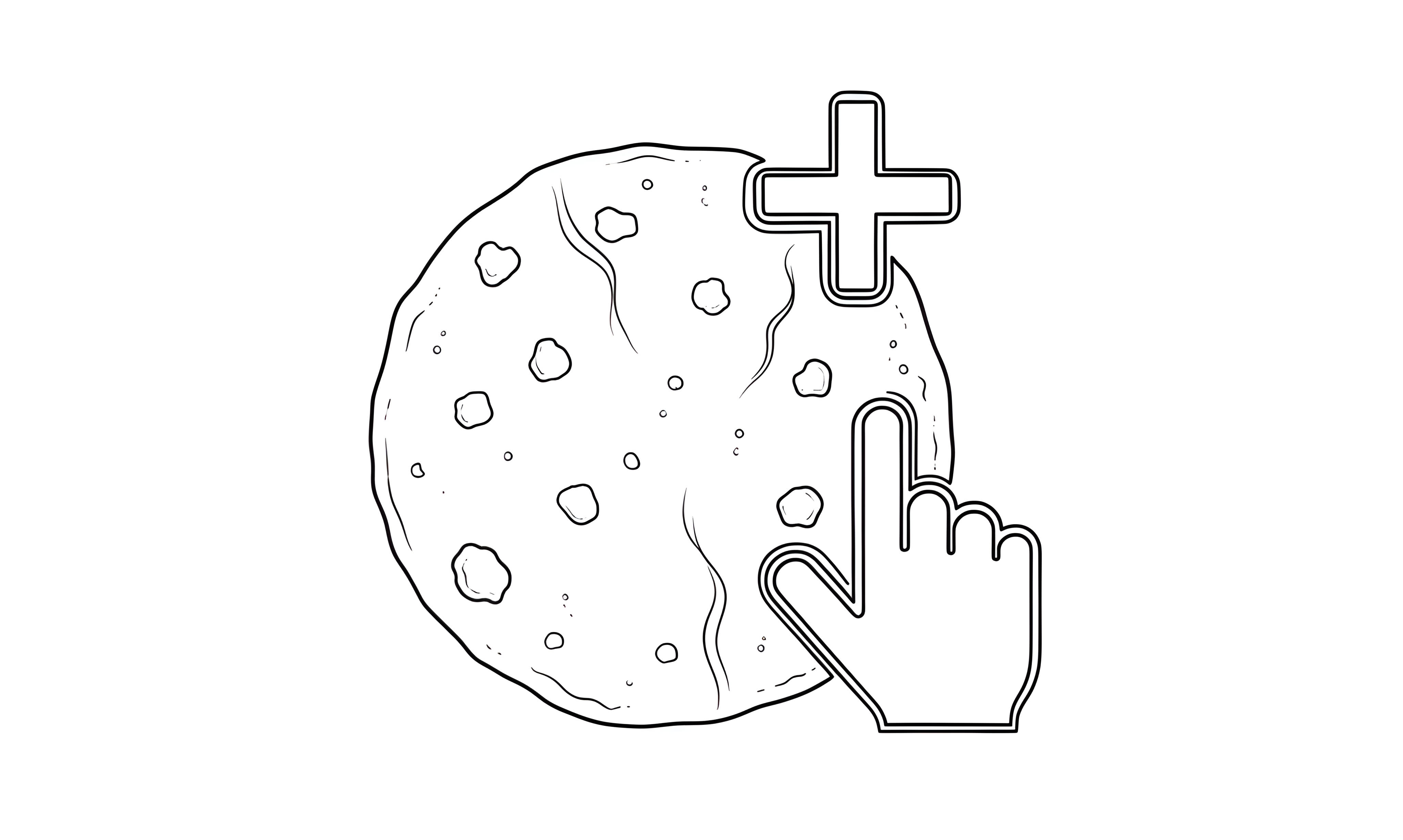 Illustration of a cookie with a plus sign and a cursor hand, symbolizing website cookies and user consent..