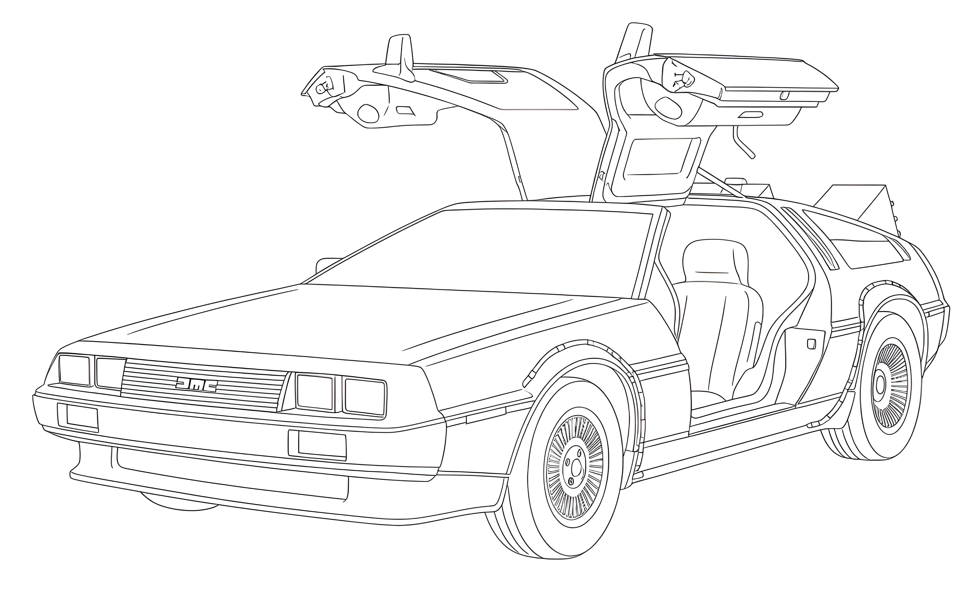 A minimalist, black and white line art sketch of a DeLorean DMC-12 with both gull-wing doors open, viewed from a slightly elevated front-three-quarter angle, showing the interior. The style is clean with crisp outlines and no shading.