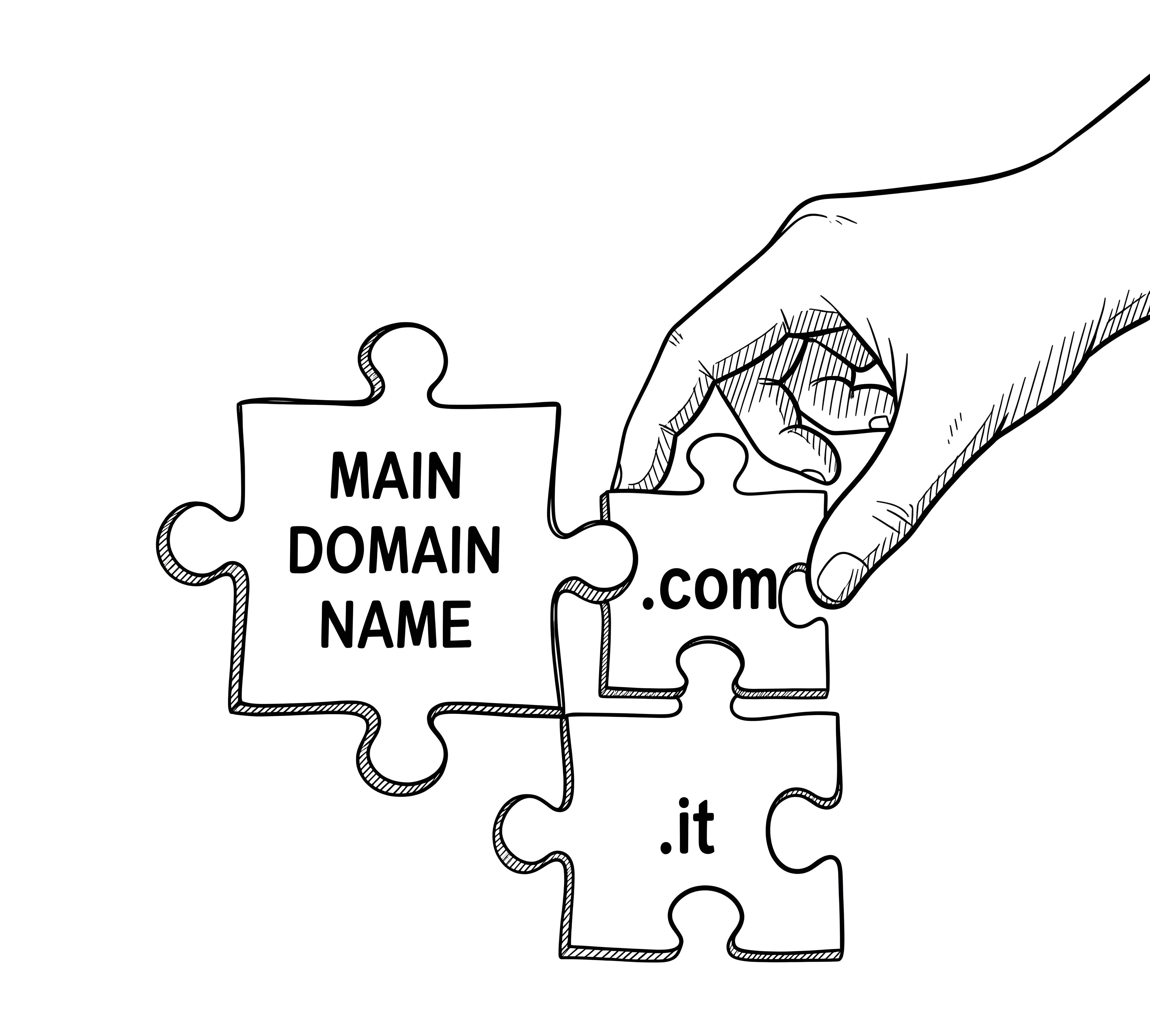 A line-art illustration of a hand placing puzzle pieces together, showing “MAIN DOMAIN NAME” connected with “.com” and “.it”..