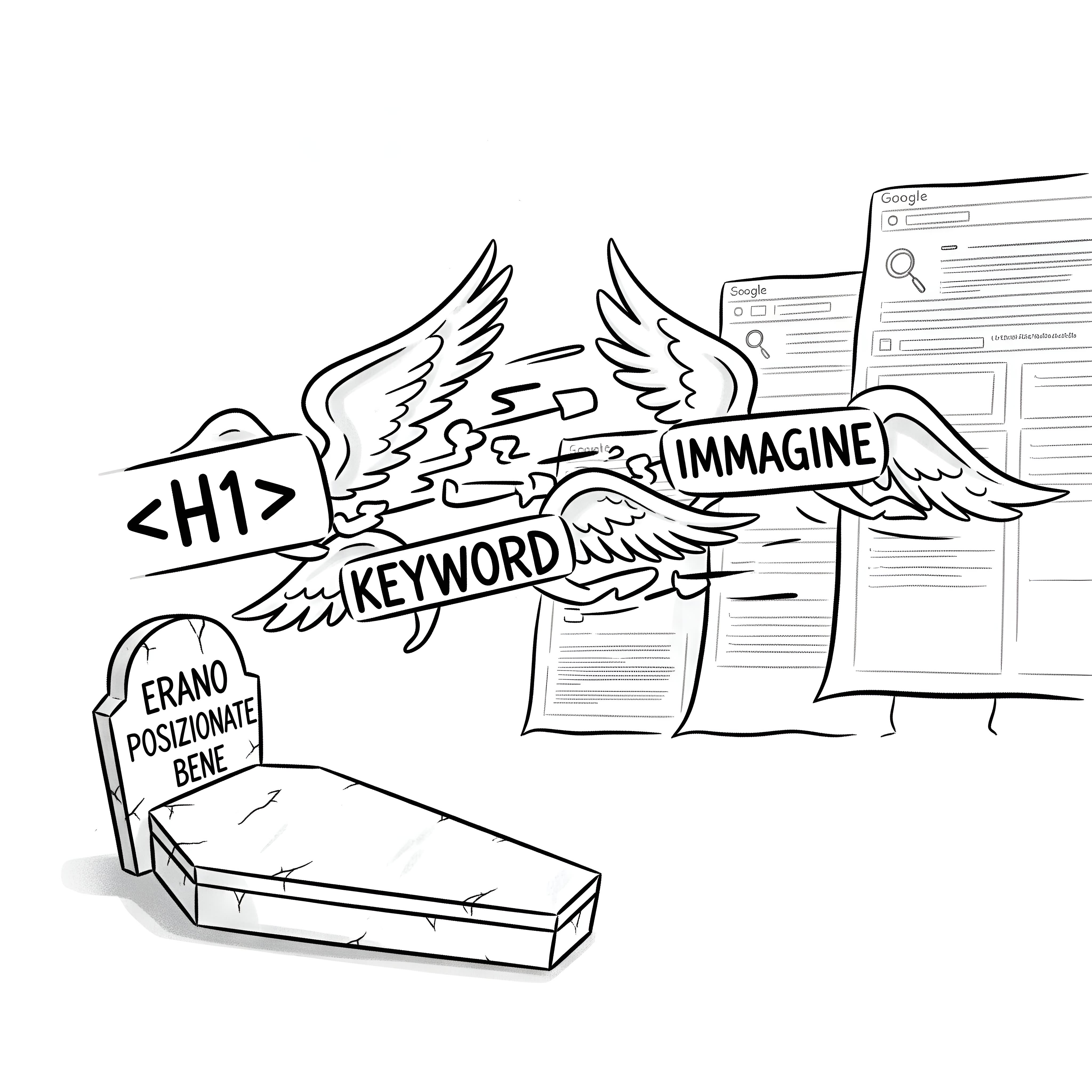 Un disegno in bianco e nero che raffigura pagine di risultati di ricerca Google a destra. Dai risultati di ricerca volano verso sinistra tre riquadri alati. Uno è etichettato “<H1>”, un’altro “KEYWORD” e un terzo “IMMAGINE”. Sotto di loro, una bara chiusa con una targa che recita “ERANO POSIZIONATE BENE” giace a terra..