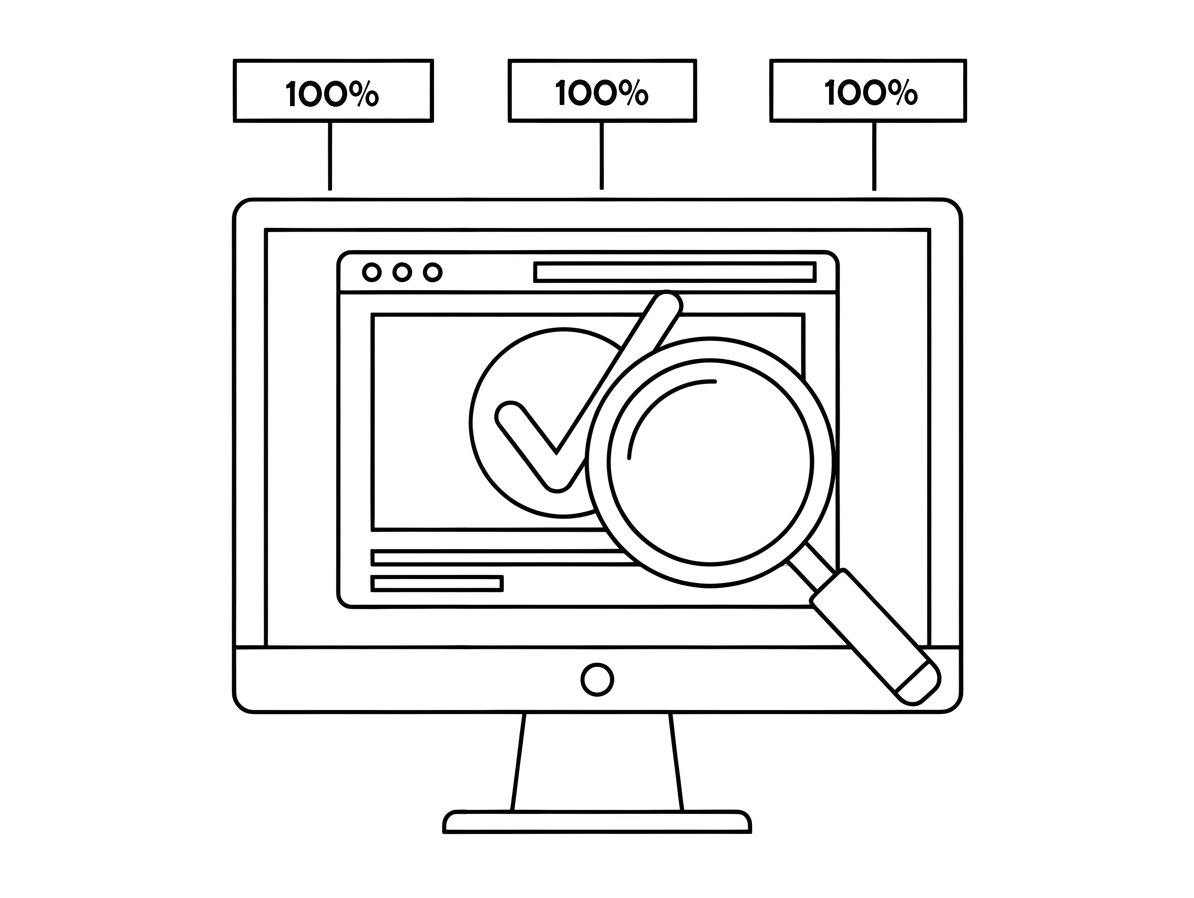 Illustration of a computer screen with a magnifying glass and a checkmark, symbolizing website testing and approval..