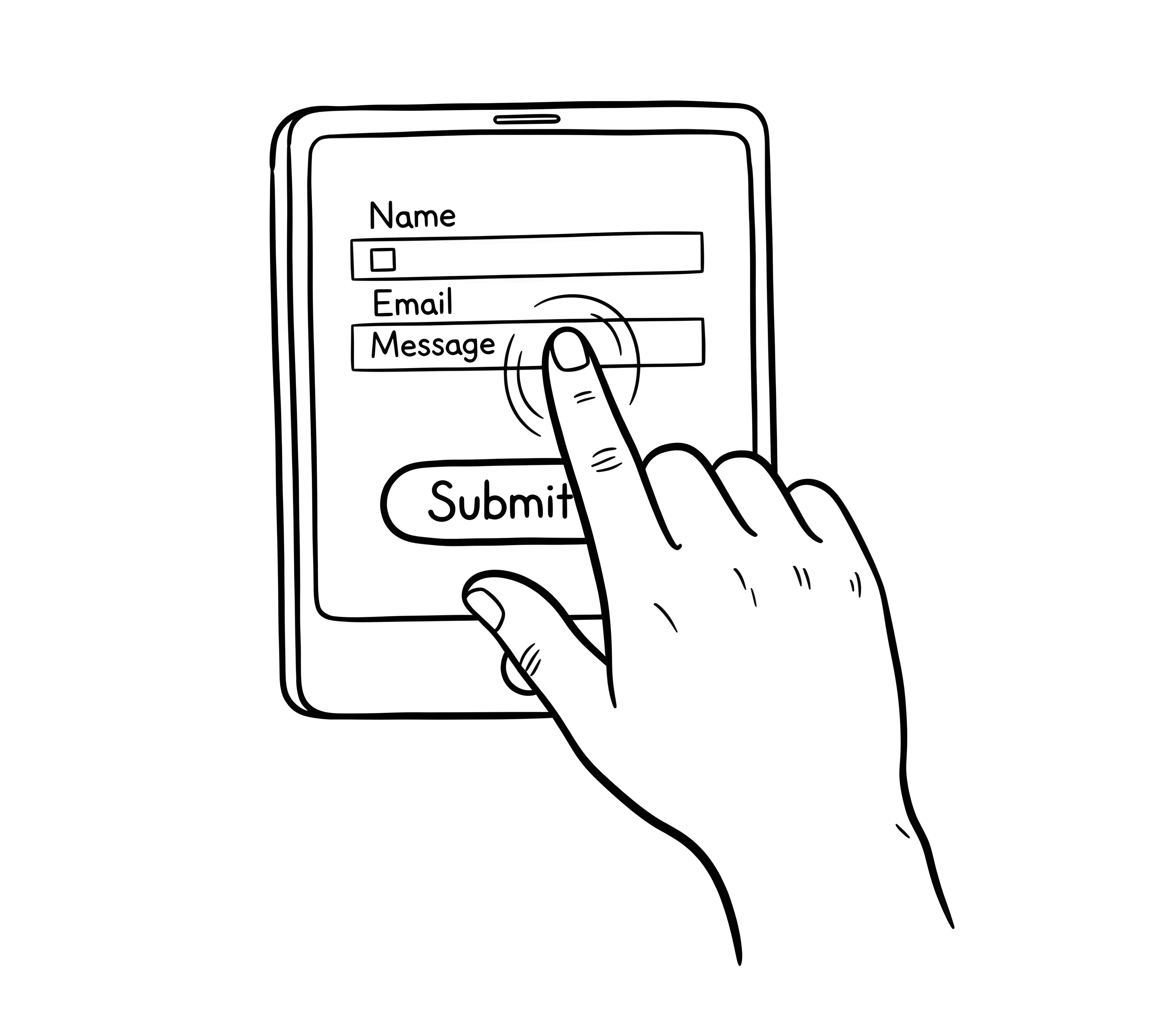 Illustration of a hand tapping a submission form on a tablet screen, with fields for name, email, and message..