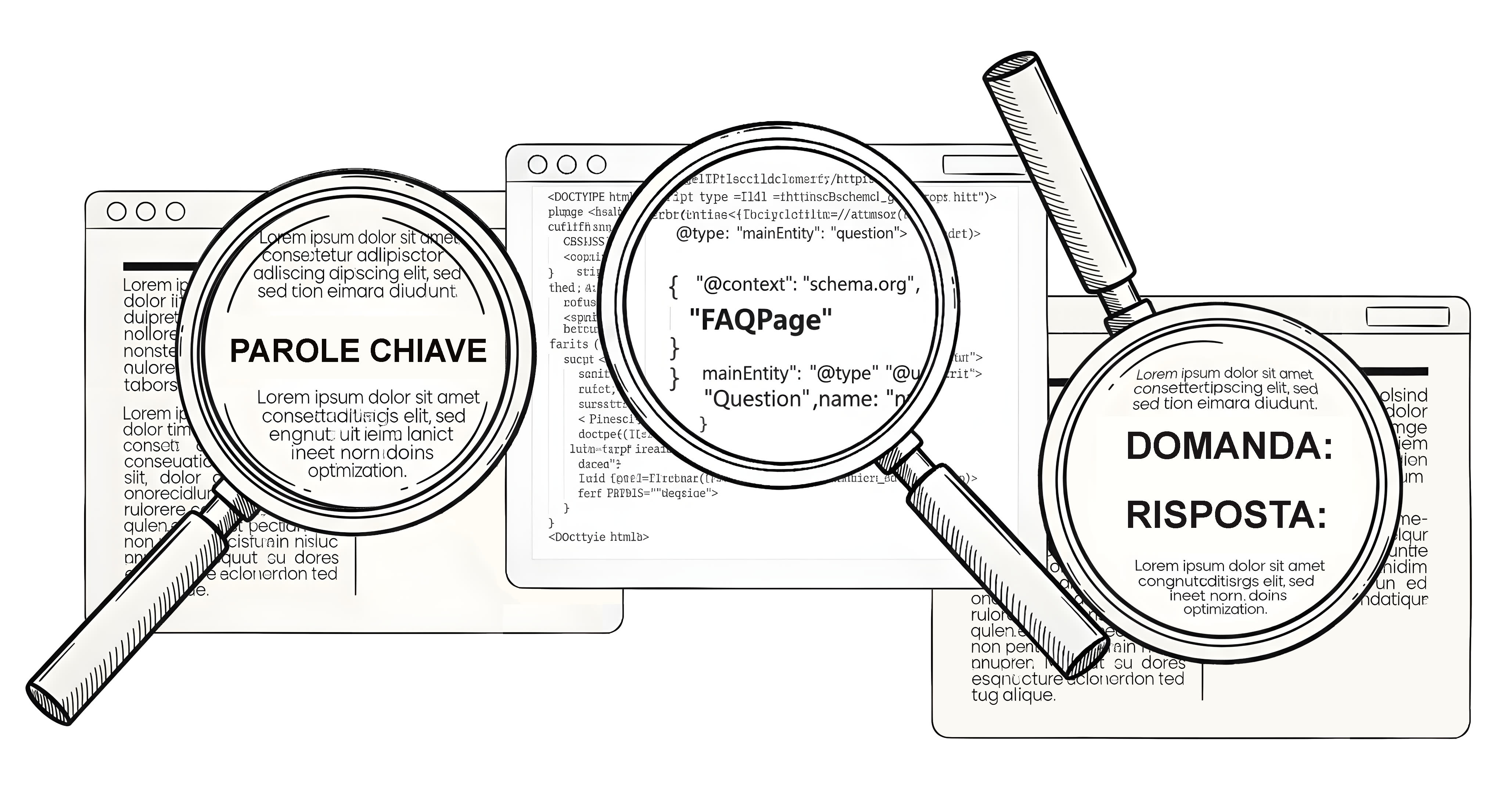 Un’illustrazione che mostra tre lenti di ingrandimento focalizzate su diversi elementi di un sito web: una evidenzia la parola “PAROLE CHIAVE”, un’altra mostra il codice dei dati strutturati per una sezione FAQ, e la terza mette in risalto il formato “DOMANDA: RISPOSTA:”..