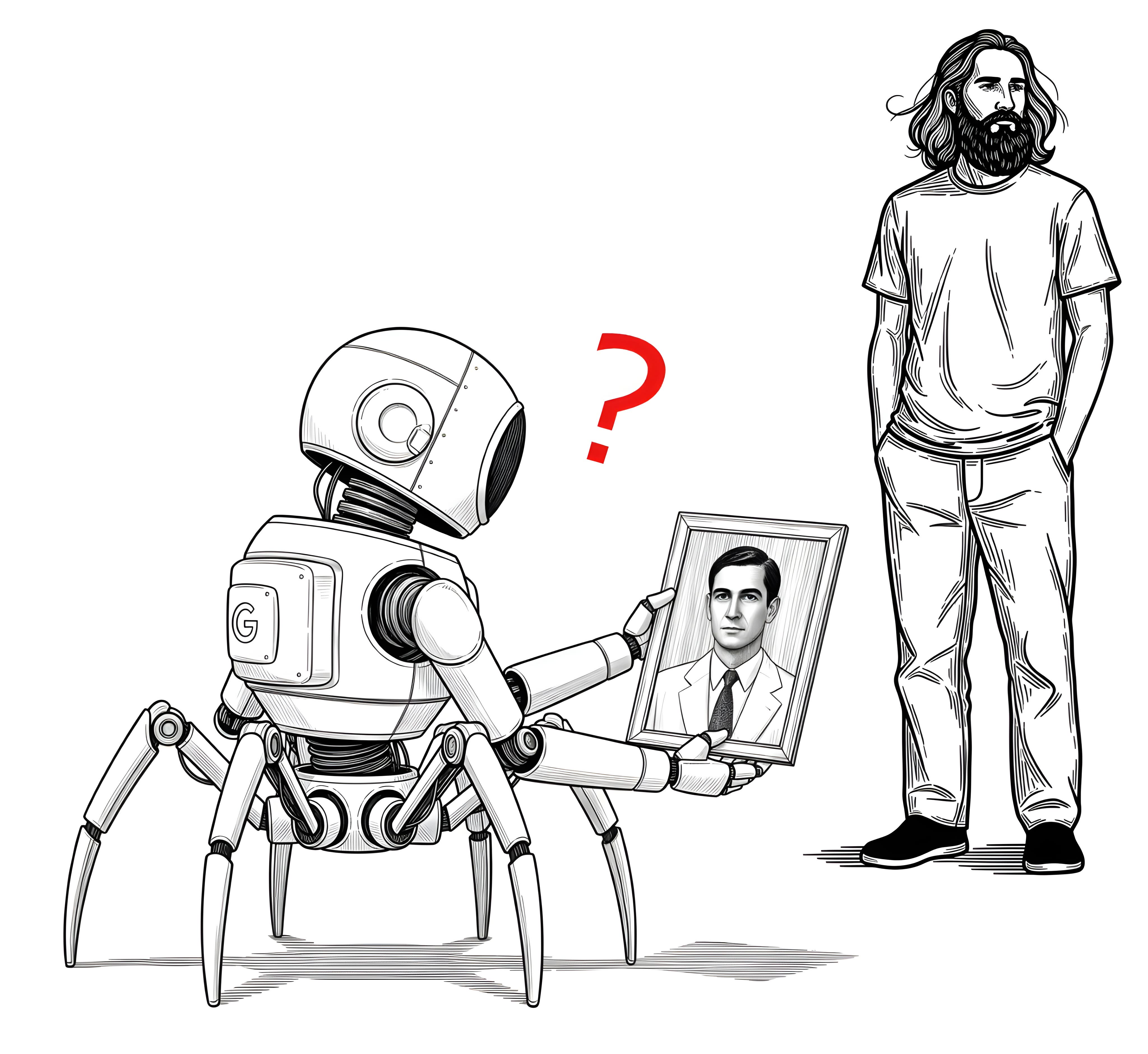 A black and white line drawing depicting Googlebot, viewed from its back, holding a framed picture of a man in a suit and tie. Next to Googlebot stands a second man, bearded with long hair and very casual dress, facing forward. A question mark hovers above Googlebot's head, indicating confusion.