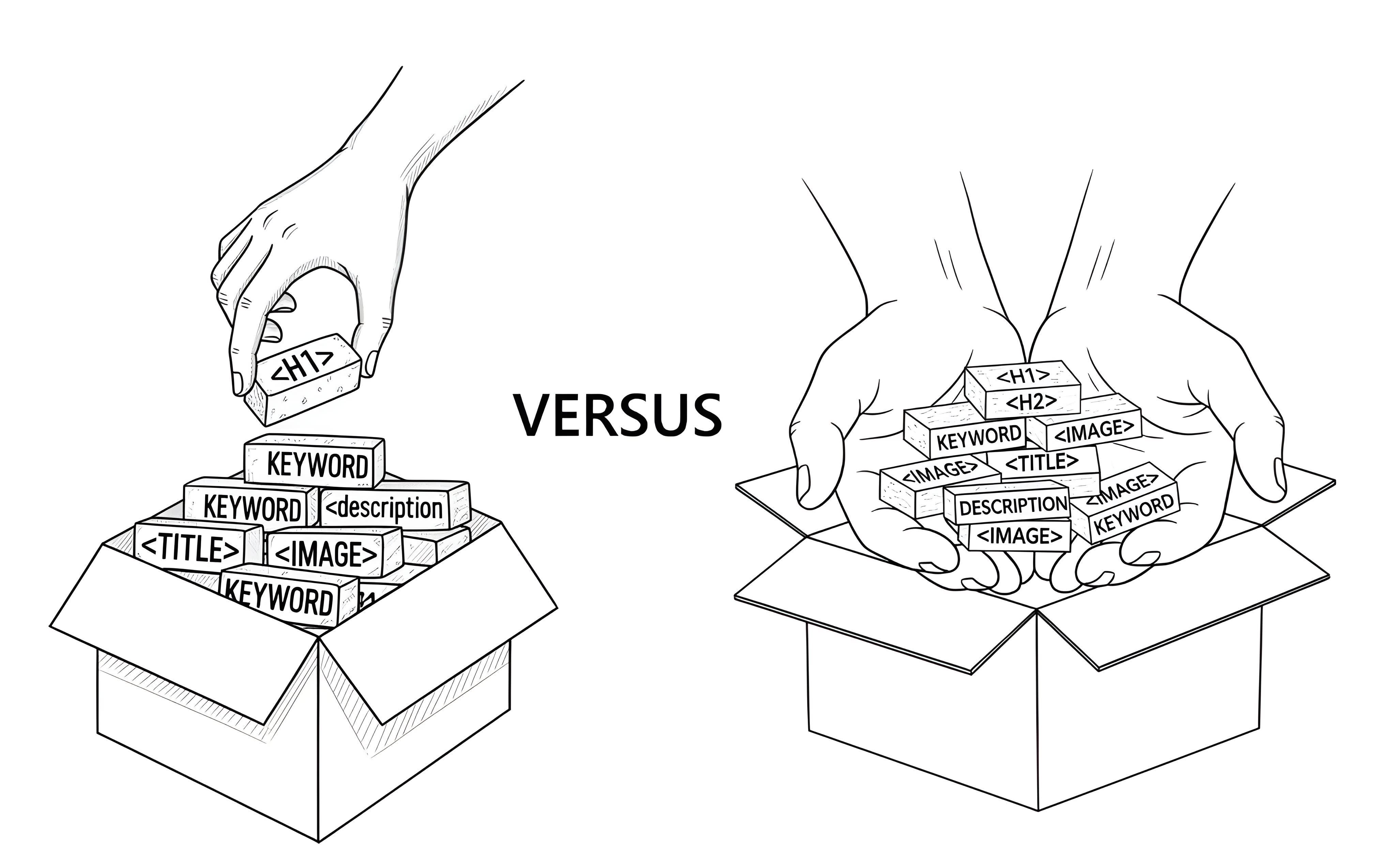 A black and white line drawing showing two open cardboard boxes side-by-side. On the left, a hand is picking up a single brick-like element labeled H1 from a pile of various elements (keyword, description, image, title) in the box. On the right, a second box contains a large pile of various brick-like elements (H1, H2, keyword, image, description, title) being picked up by two hands simultaneously. Between the two boxes, the word “VERSUS” is written, emphasizing the contrast between picking one element at a time versus picking all elements at once.