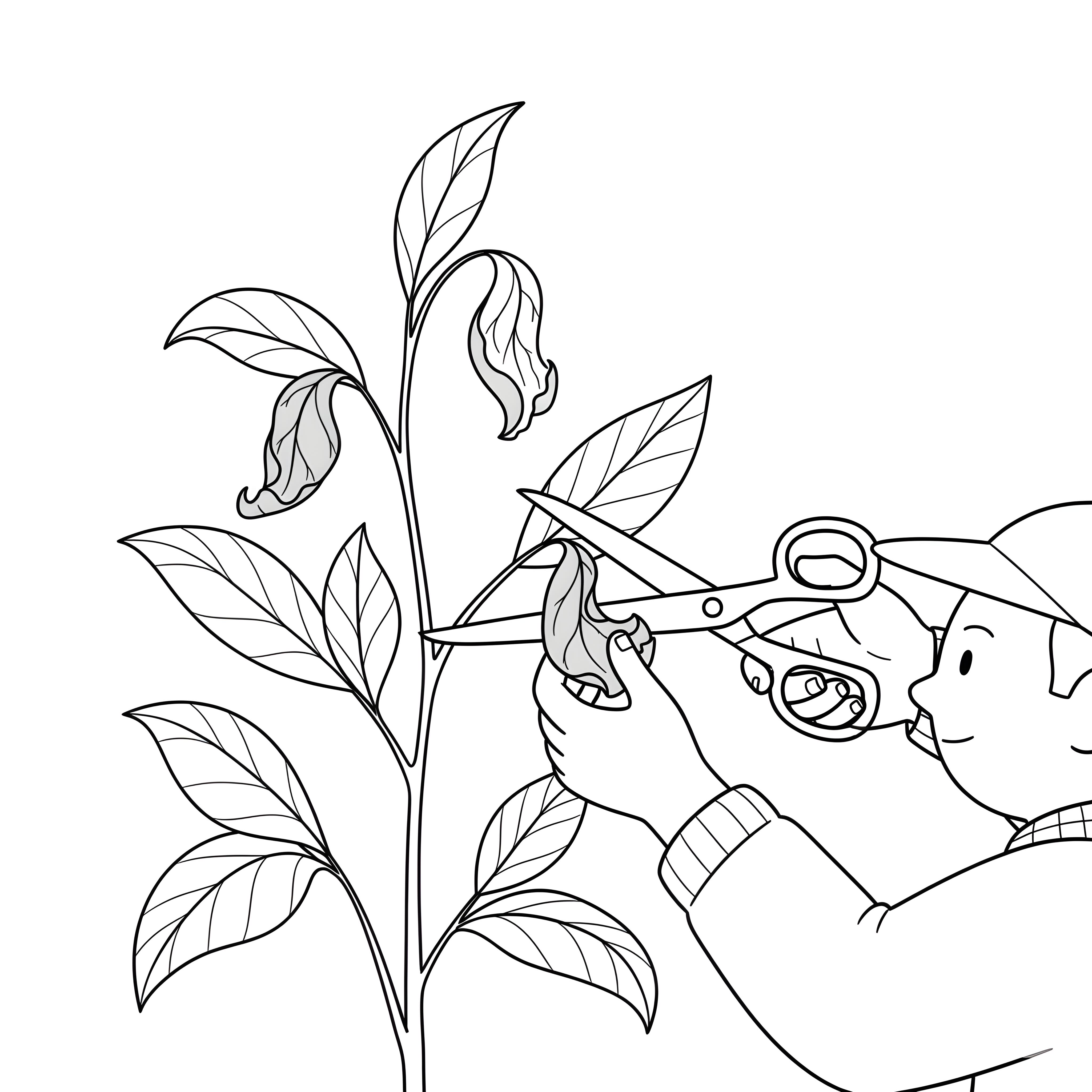 A black and white line drawing showing a careful gardener at work. He's holding a pair of scissors, carefully trimming a single wilting leaf from a plant. The plant has several other leaves, some healthy and some showing signs of slight wilting, but the focus is on the precise removal of one specific leaf..