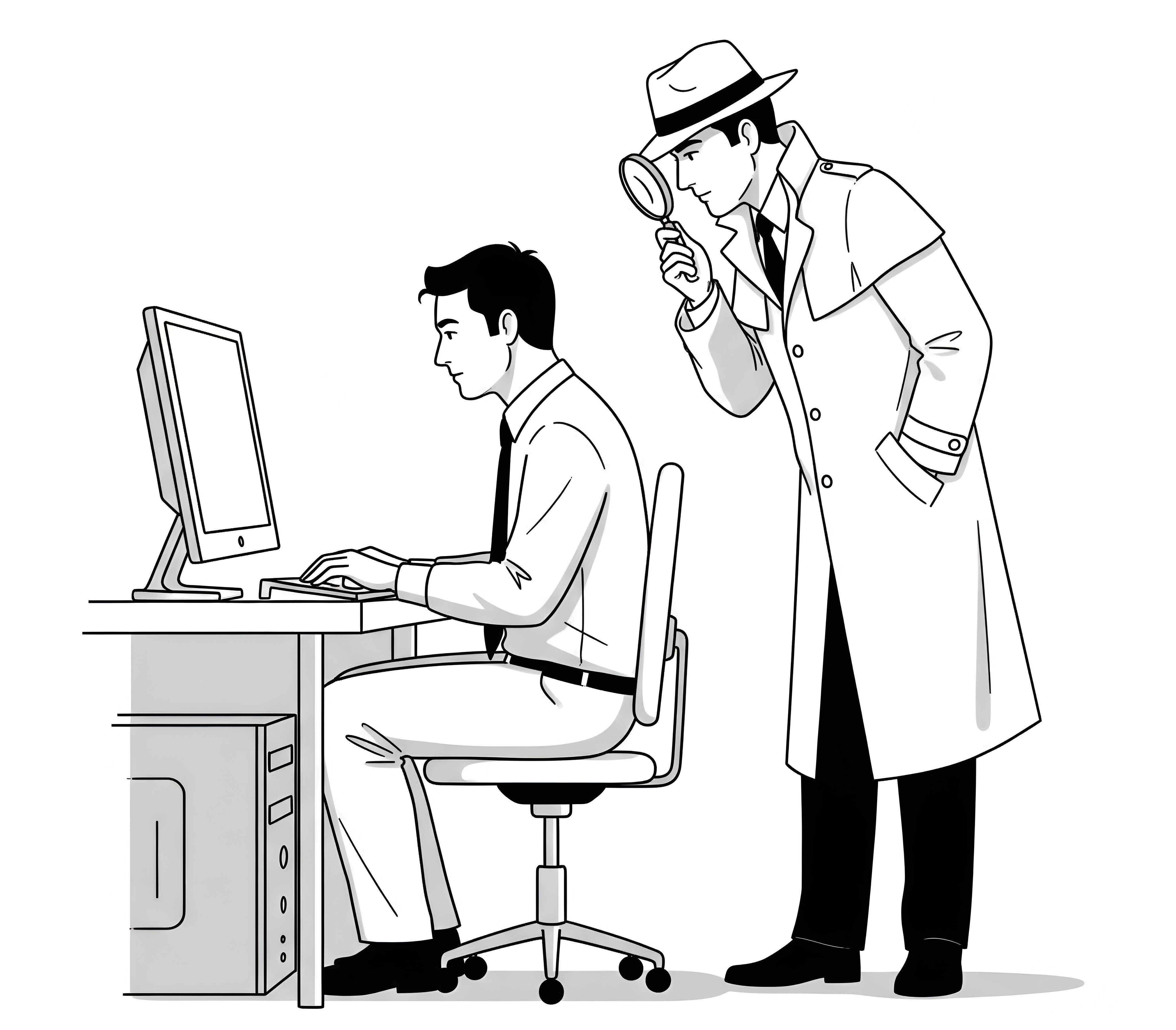 Illustration of a detective in a trench coat using a magnifying glass to examine a man typing at a computer..