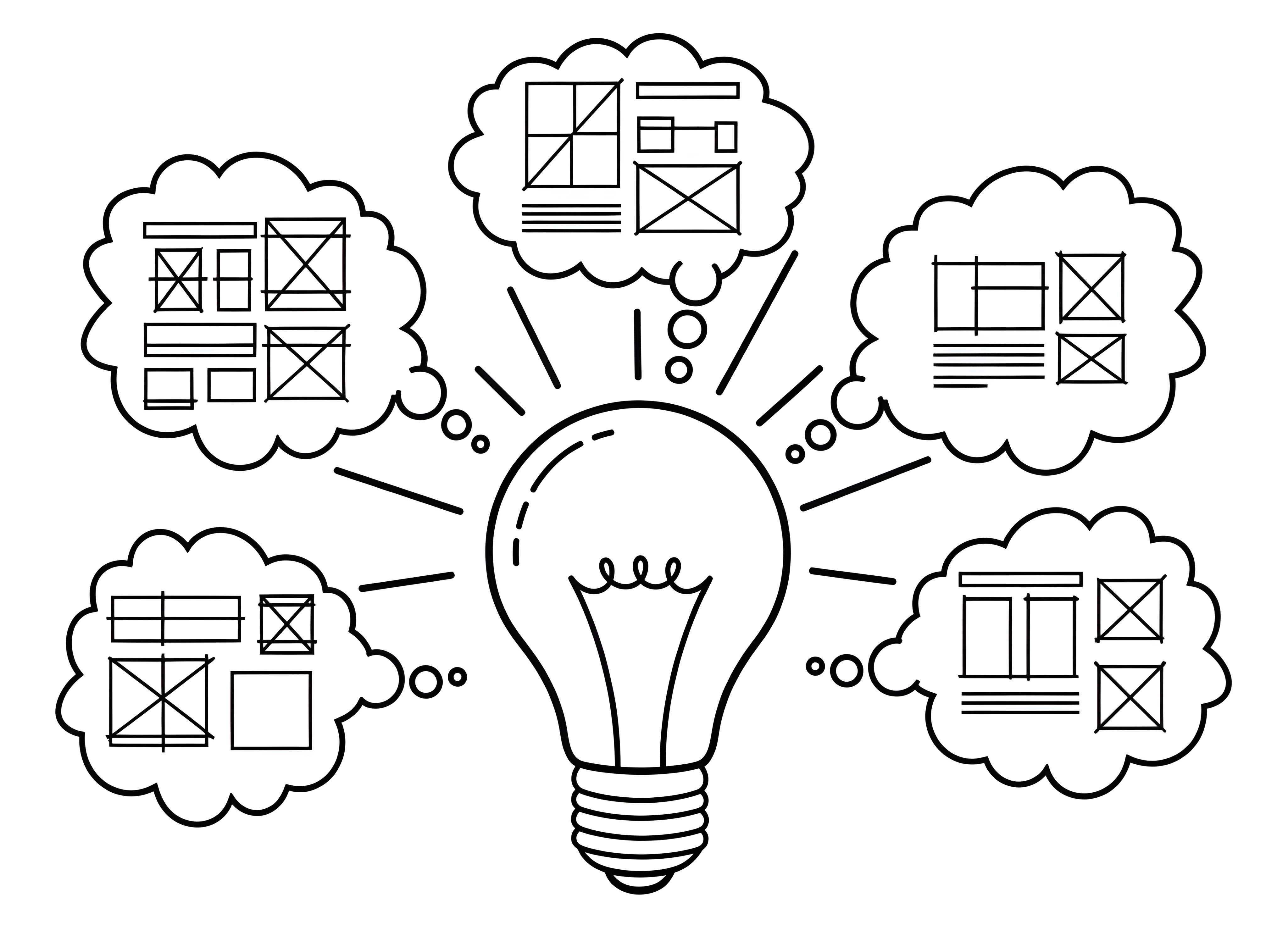 Illustration of a light bulb with thought bubbles showing different website layout sketches, symbolizing ideas and choices for web design layouts..