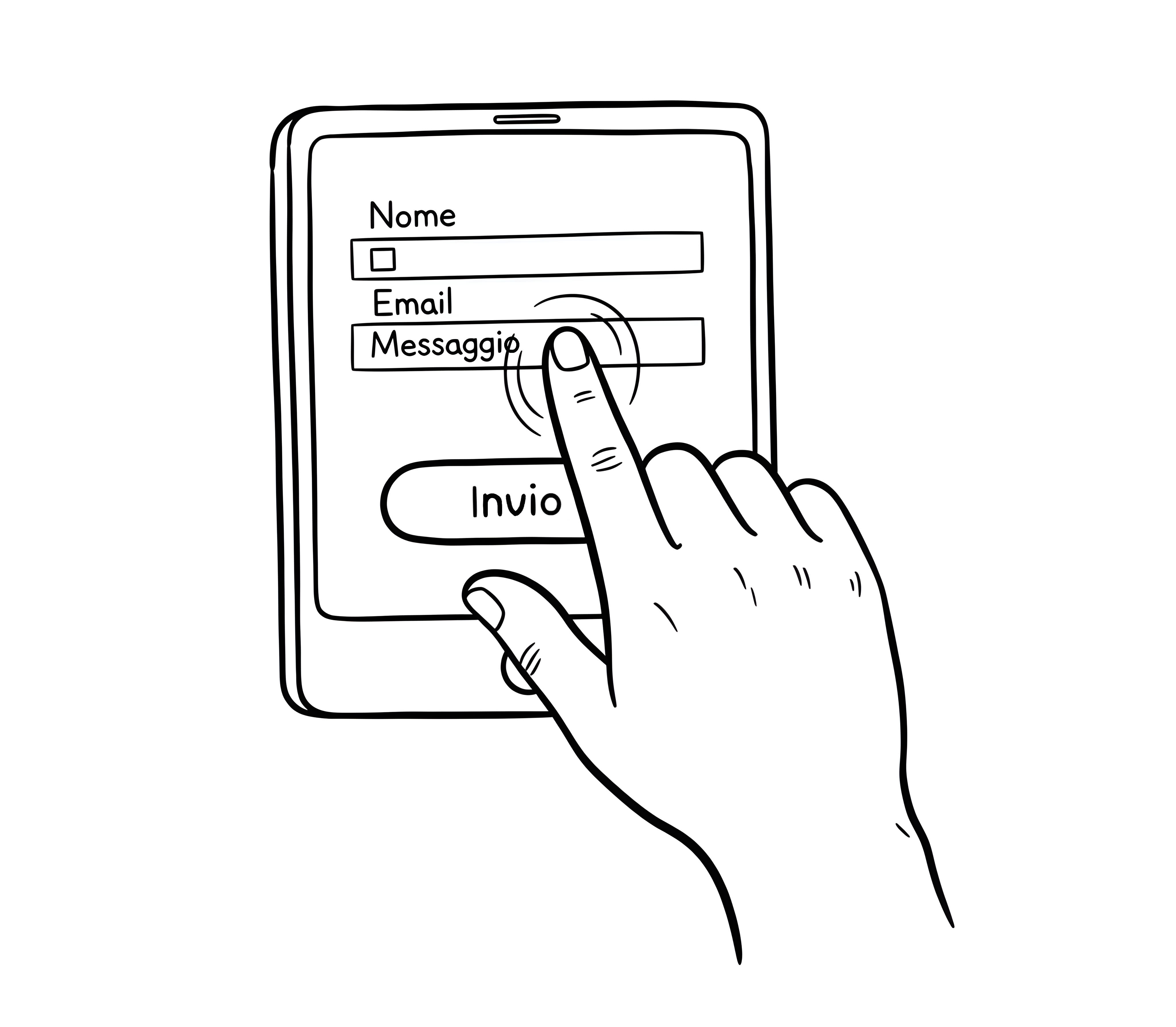 Illustrazione di una mano che preme lo schermo di un tablet per compilare un modulo con campi per nome, e-mail e messaggio..