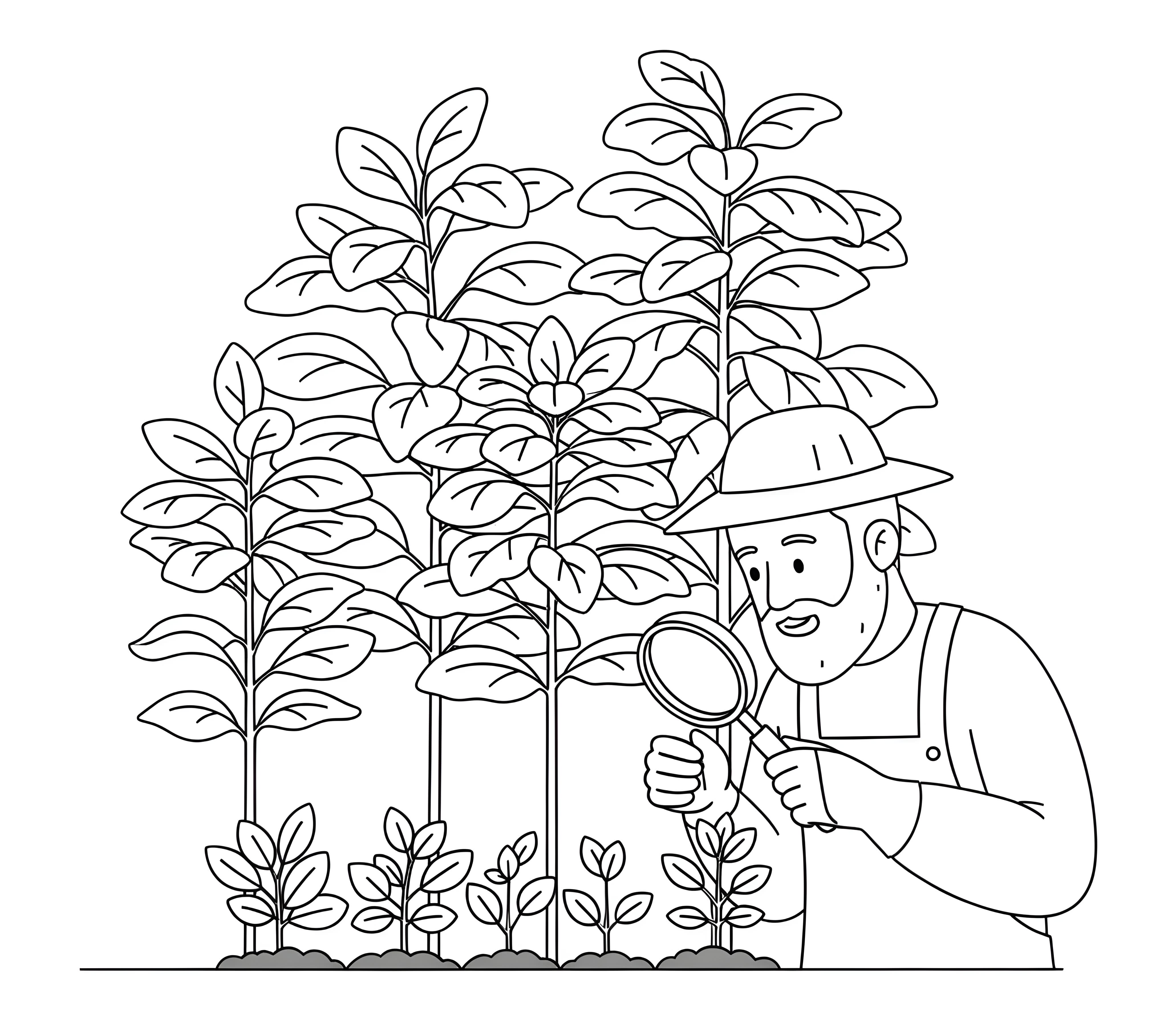 A black and white line drawing depicts a bearded man wearing a farmer's hat and overalls, holding a magnifying glass and intently examining a small plant. Behind him, several rows of taller, healthy-looking plants suggest a thriving garden. The man's focused expression conveys careful observation.