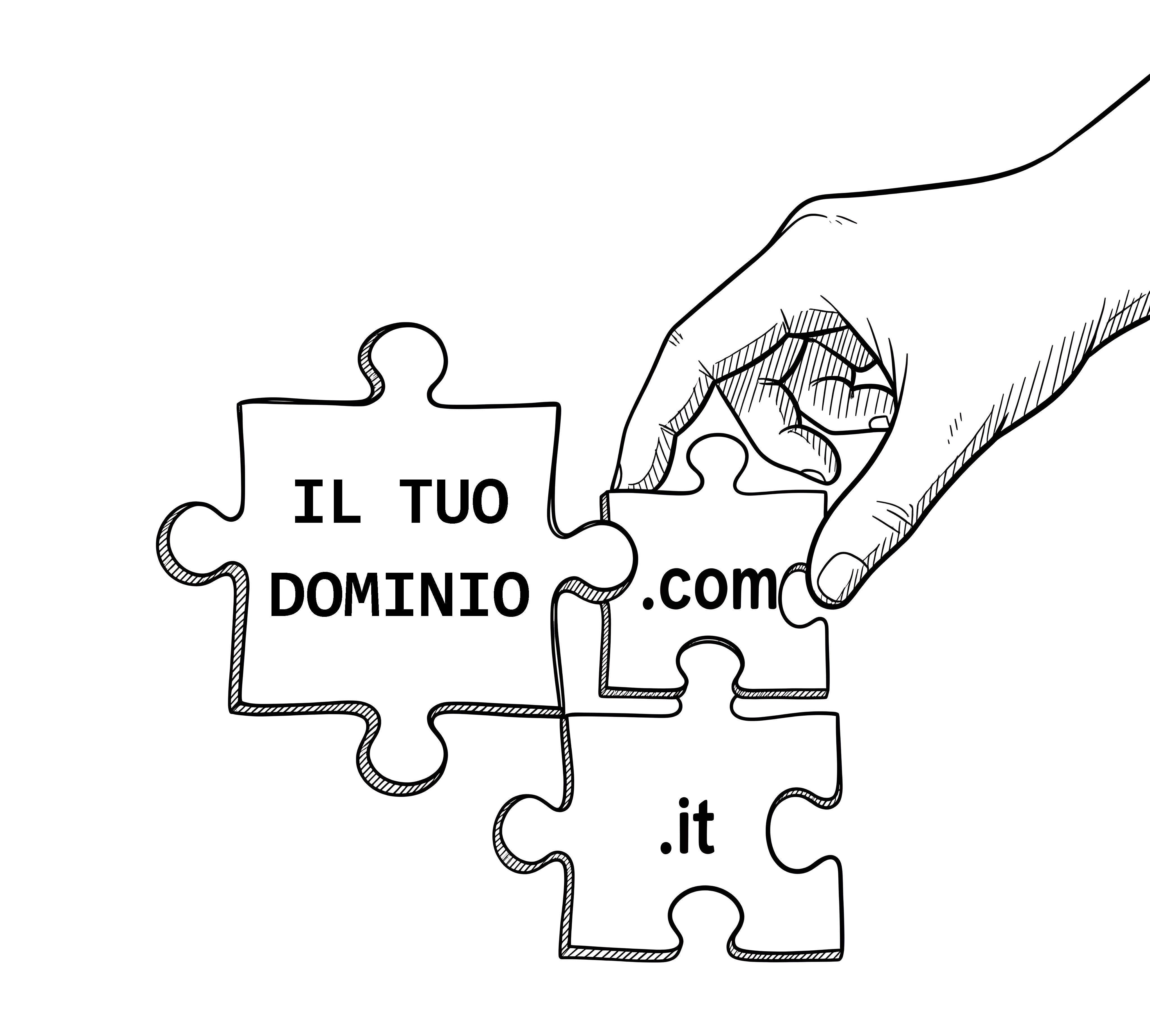 Illustrazione in bianco e nero raffigurante una mano che unisce pezzi di puzzle con scritte “IL TUO DOMINIO”, “.com” e “.it”..