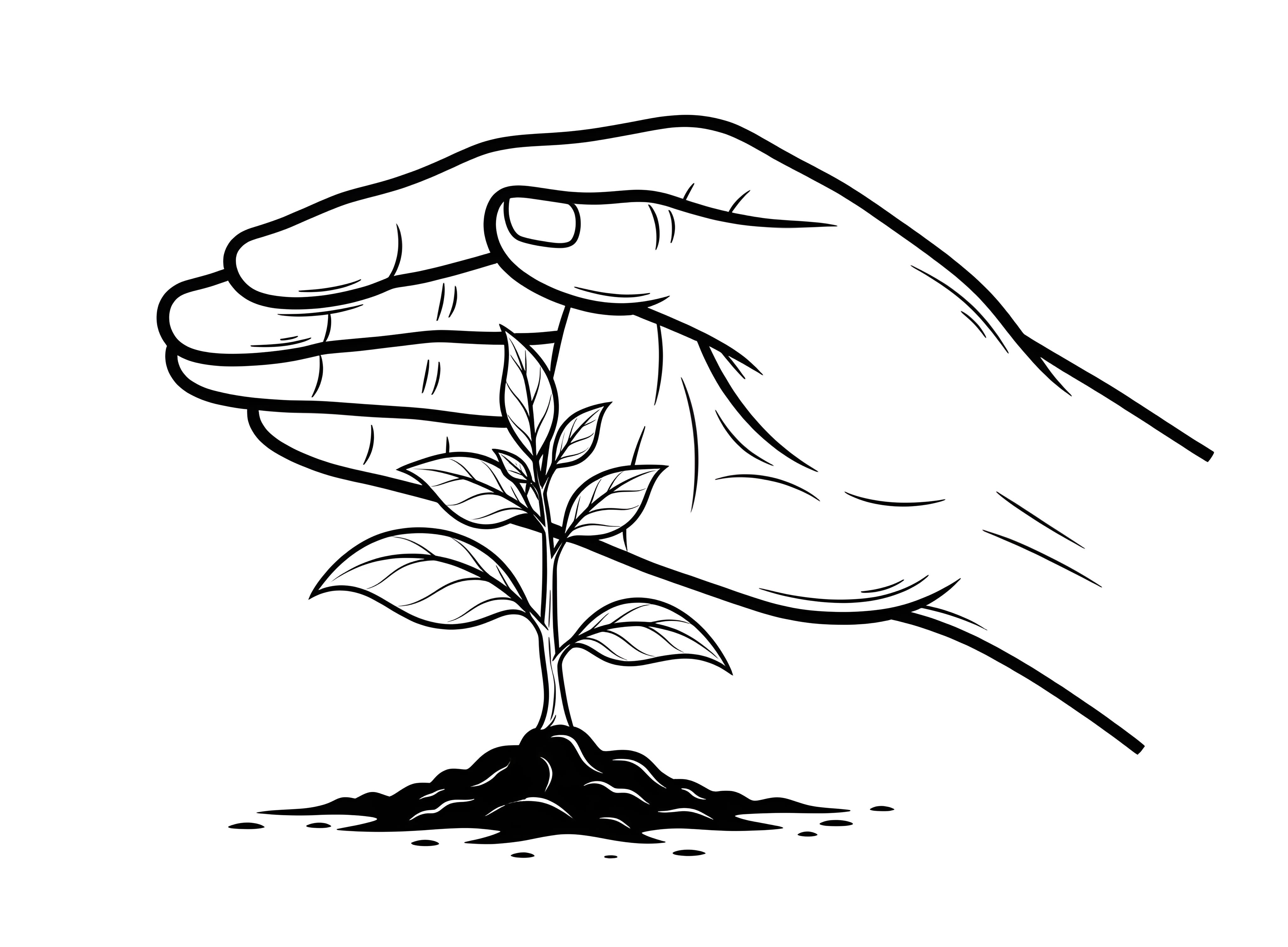 A black and white line drawing of a large hand positioned protectively over a small, healthy plant growing from a mound of earth. The hand is cupped slightly, shielding the plant as if to nurture and guard it.