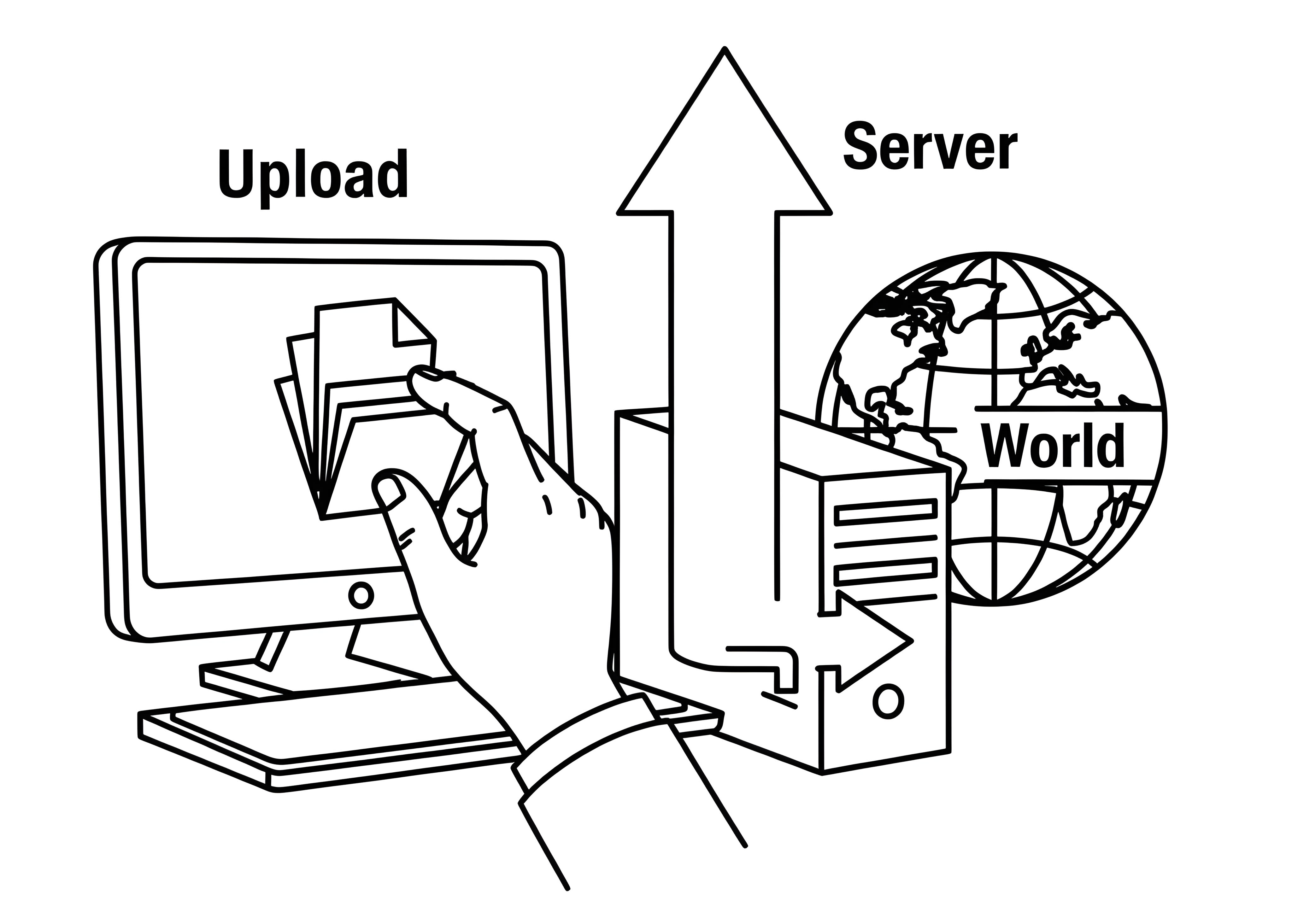 Illustration of a hand uploading files from a computer to a server, making them available worldwide, symbolizing online publishing..
