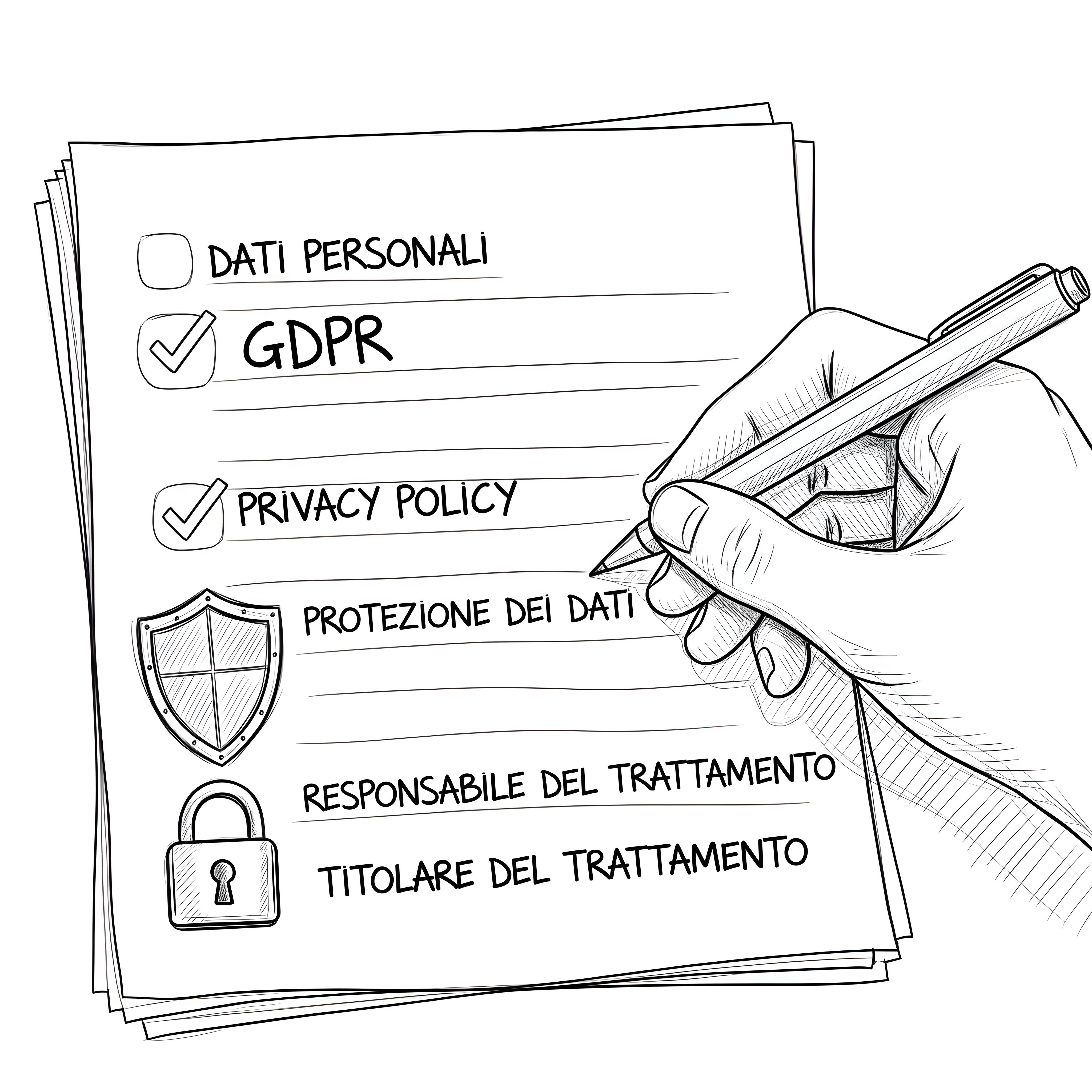 Illustrazione di una mano che scrive su un documento con termini legati al GDPR, accanto a uno scudo e a un lucchetto che simboleggiano la protezione dei dati..