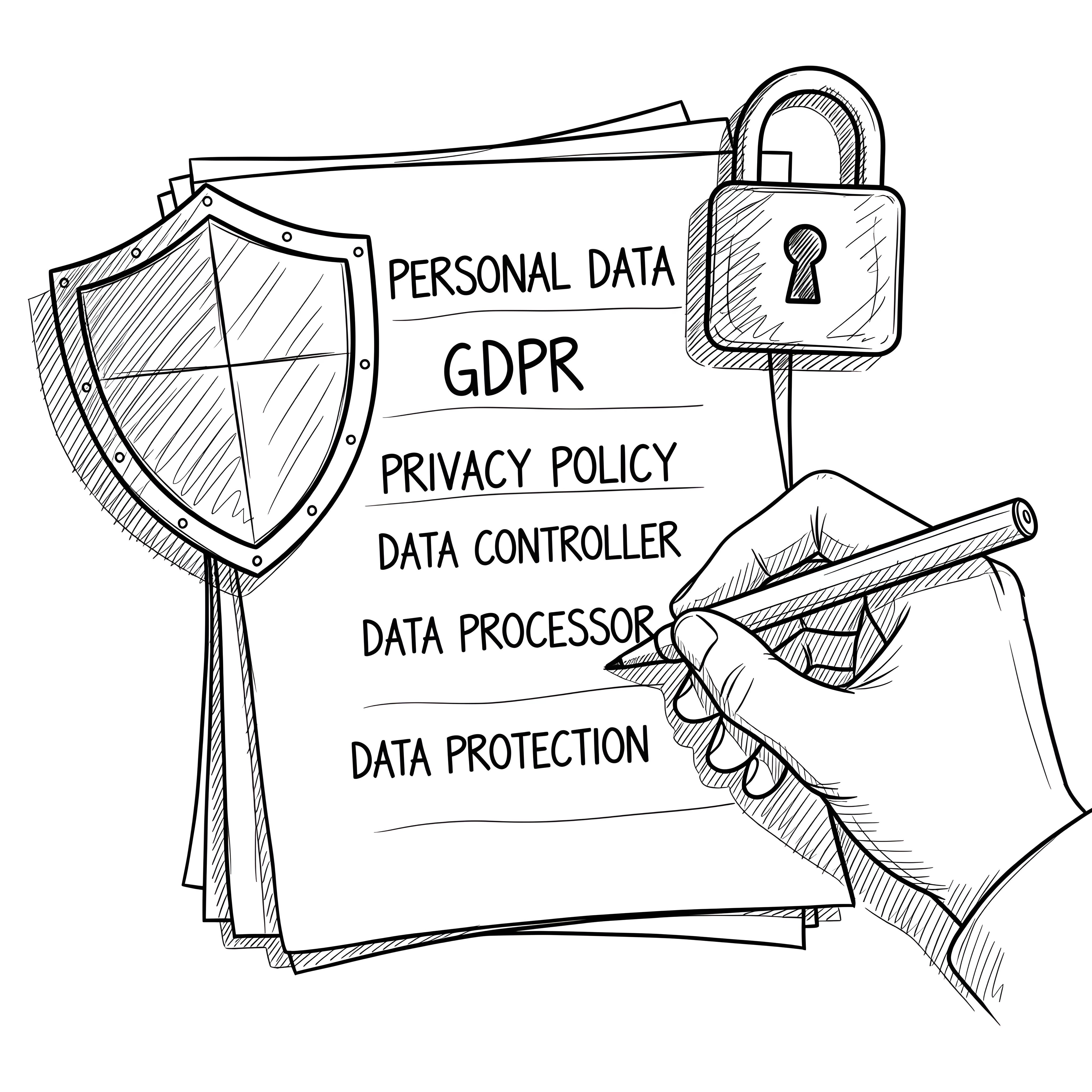 Illustration of a hand writing on a document with GDPR-related terms, next to a shield and a padlock symbolizing data protection..