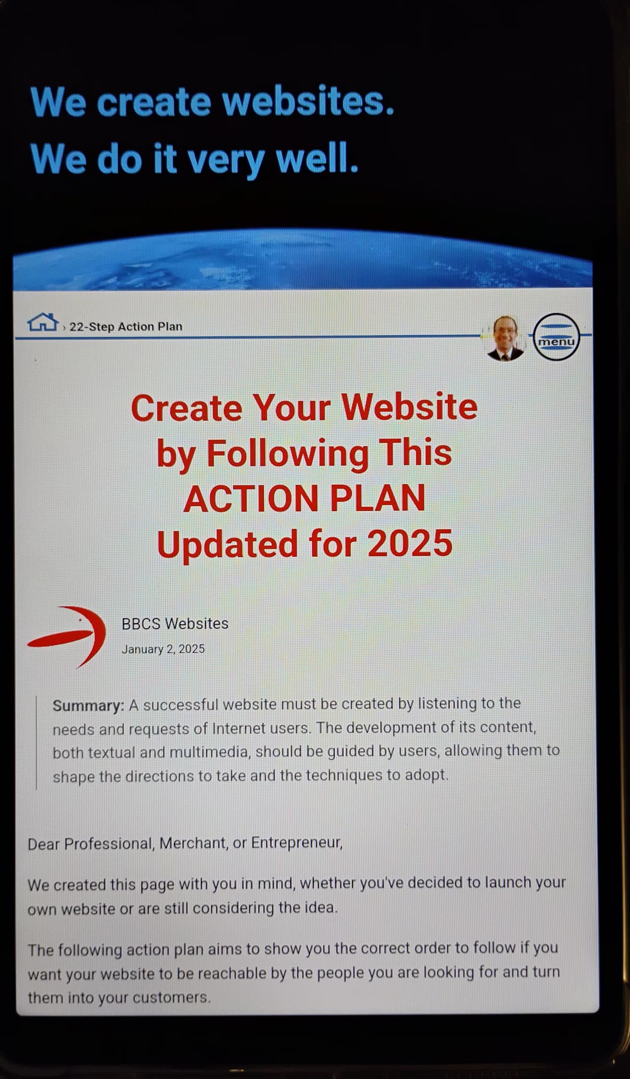 Photo of the page of BBCS.com/en/ on tablet in portrait mode.