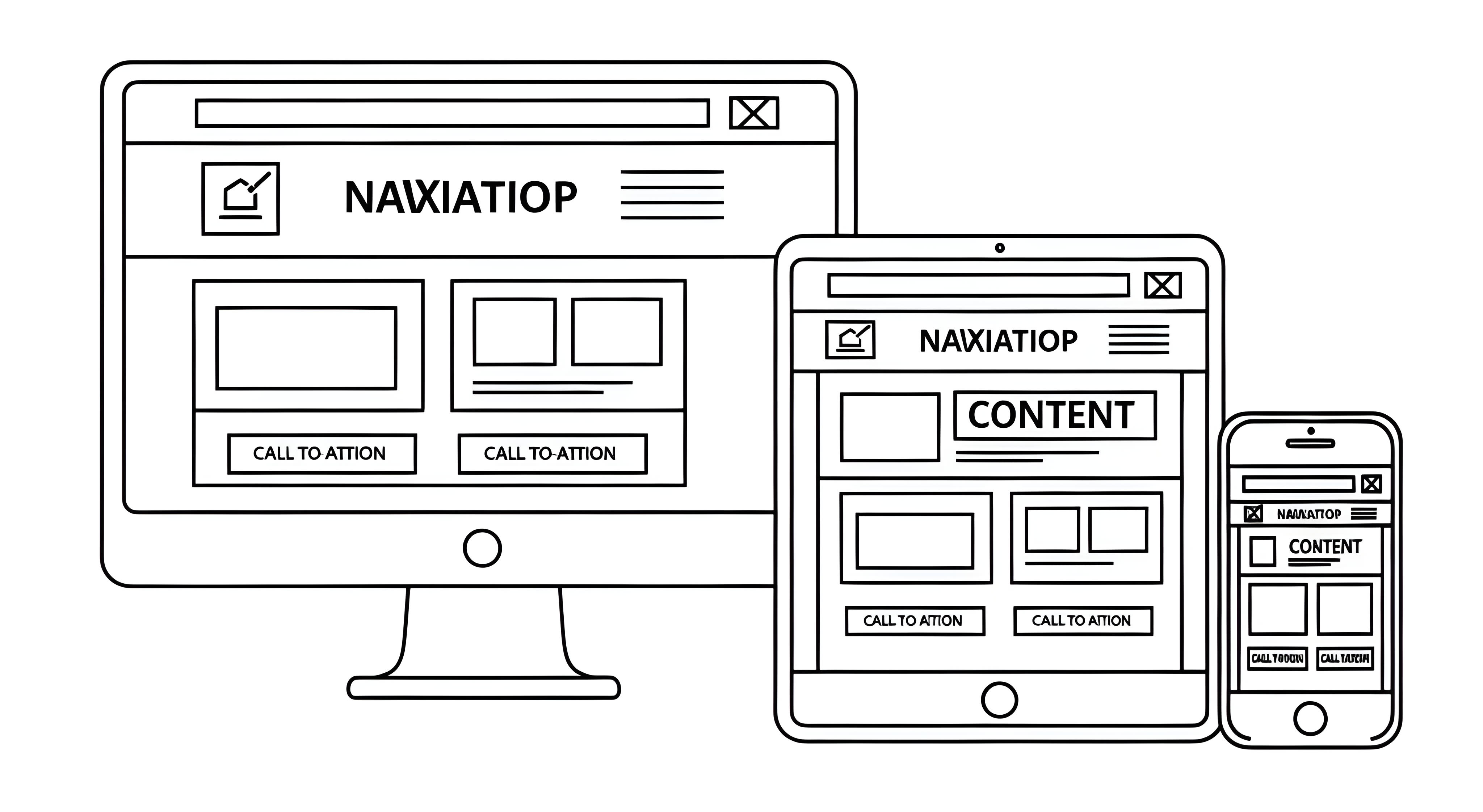 Illustration of a website shown on a desktop, tablet, and smartphone, representing responsive design across different screen sizes..