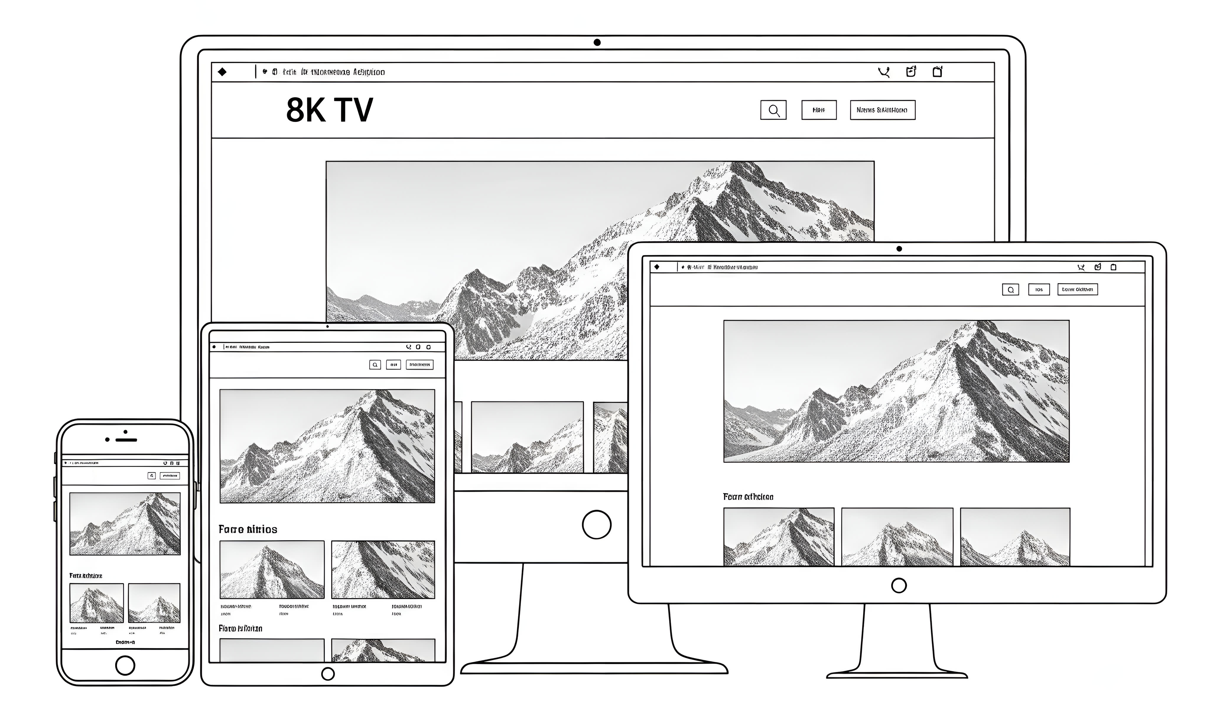 A black and white line drawing depicting a single website design displayed across four different devices: a smartphone, a tablet, a desktop monitor, and a large 8K TV screen. The website content, featuring a mountain landscape, scales and rearranges to fit each screen size, demonstrating responsive design..