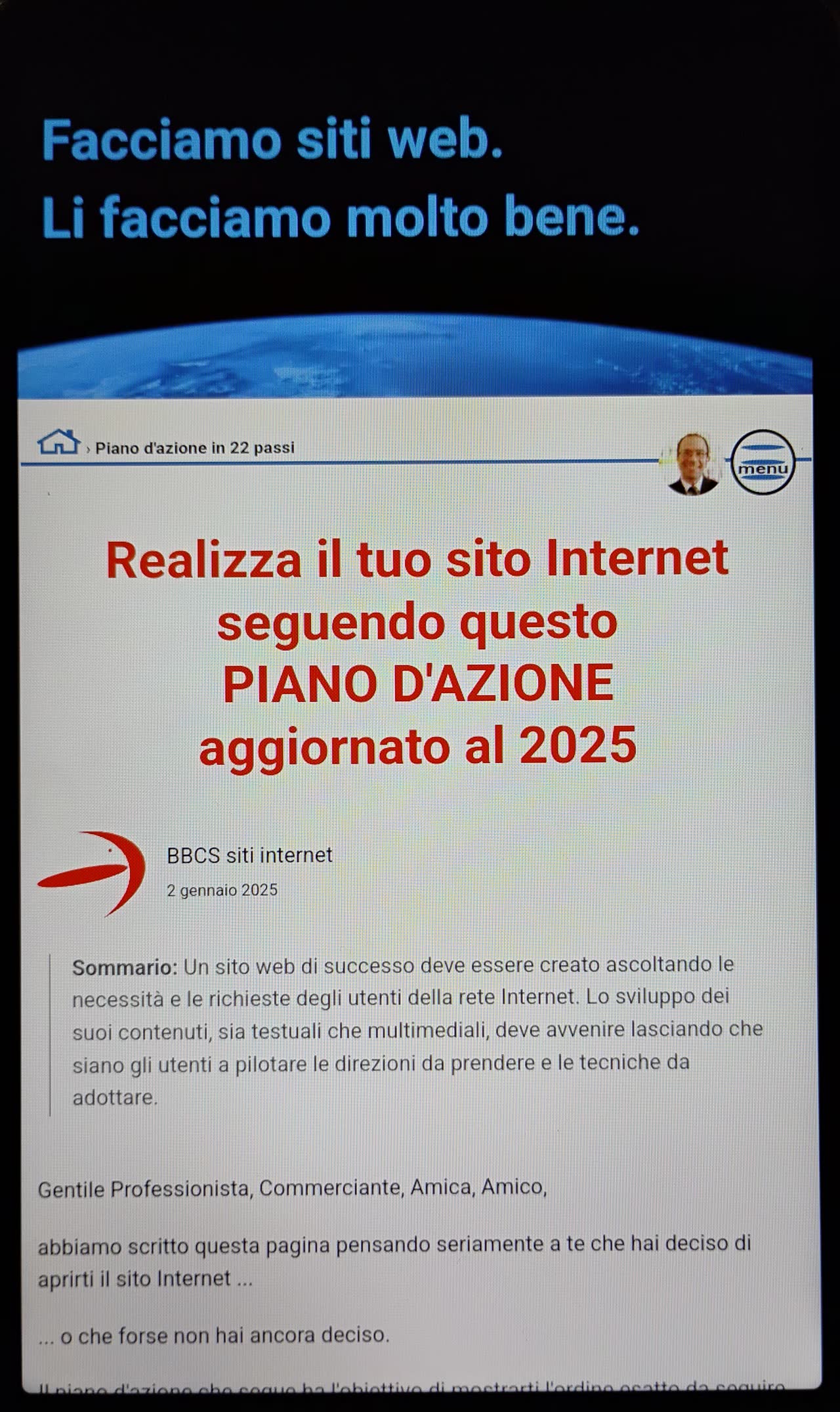 Foto home page BBCS.com su tablet in verticale.