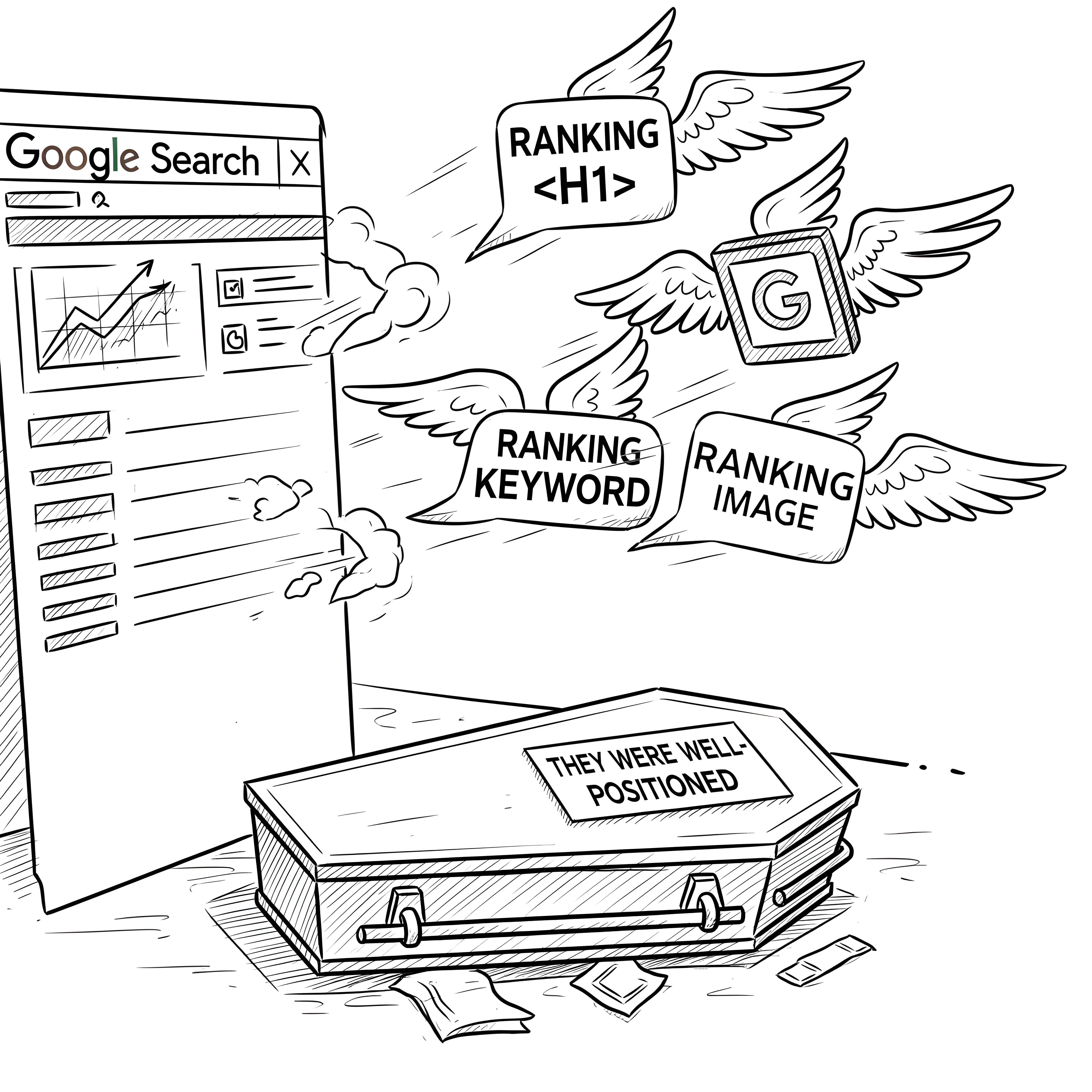 A black and white line drawing depicting a Google Search results page on the left, with an upward-trending graph and checkboxes. Emerging from the search results and flying away to the right are three winged thought bubbles or boxes. One is labeled “RANKING <H1>”, another “RANKING KEYWORD”, a third “RANKING IMAGE”, and a fourth is a Google G logo. Below them, a closed coffin with handles and a plaque that reads “THEY WERE WELL-POSITIONED” lies on the ground, surrounded by scattered papers.