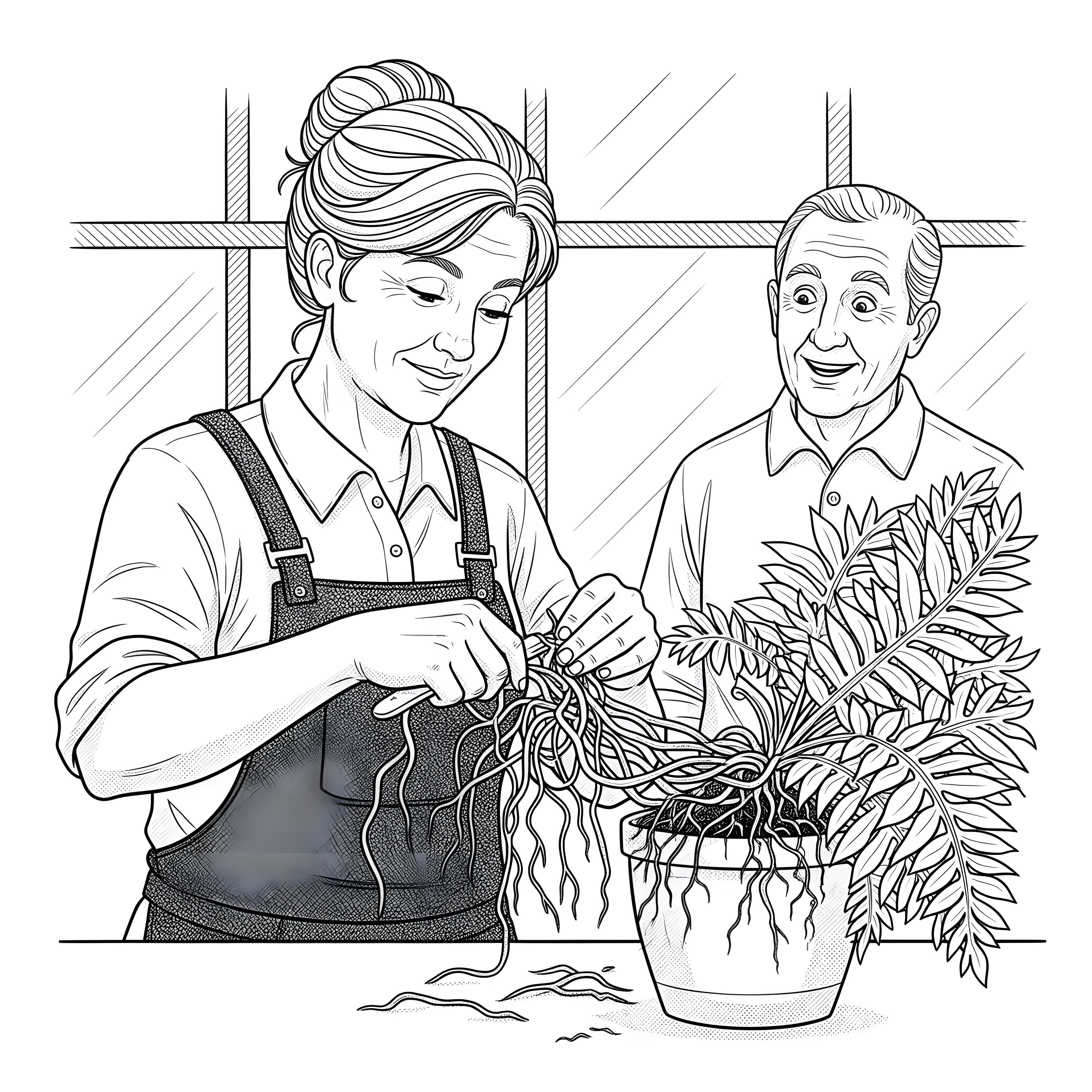 A black and white line drawing depicting a woman in gardening overalls and gloves, meticulously untangling the dense roots of a potted plant. She holds a small tool, carefully separating the intertwined roots. Standing to her right, a pleasantly surprised older man watches her work. A large window structure is visible behind them.