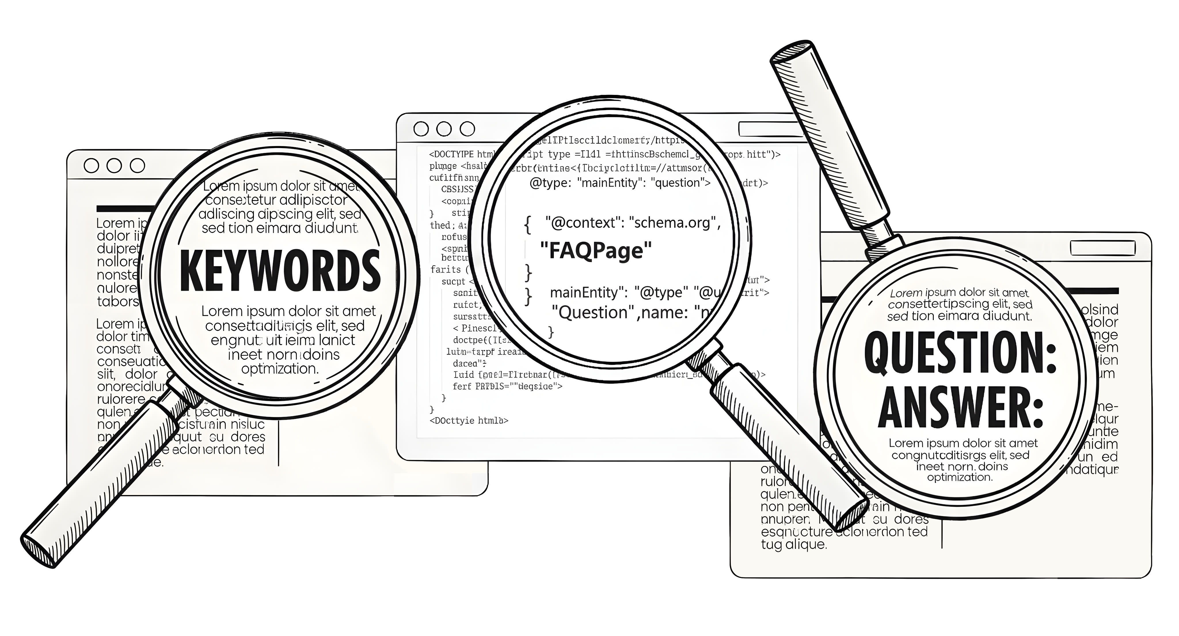 An illustration showing three magnifying glasses focusing on different website elements: one highlights the word “KEYWORDS”, another shows structured data code for an FAQ section, and the third emphasizes a “QUESTION: ANSWER:” format..