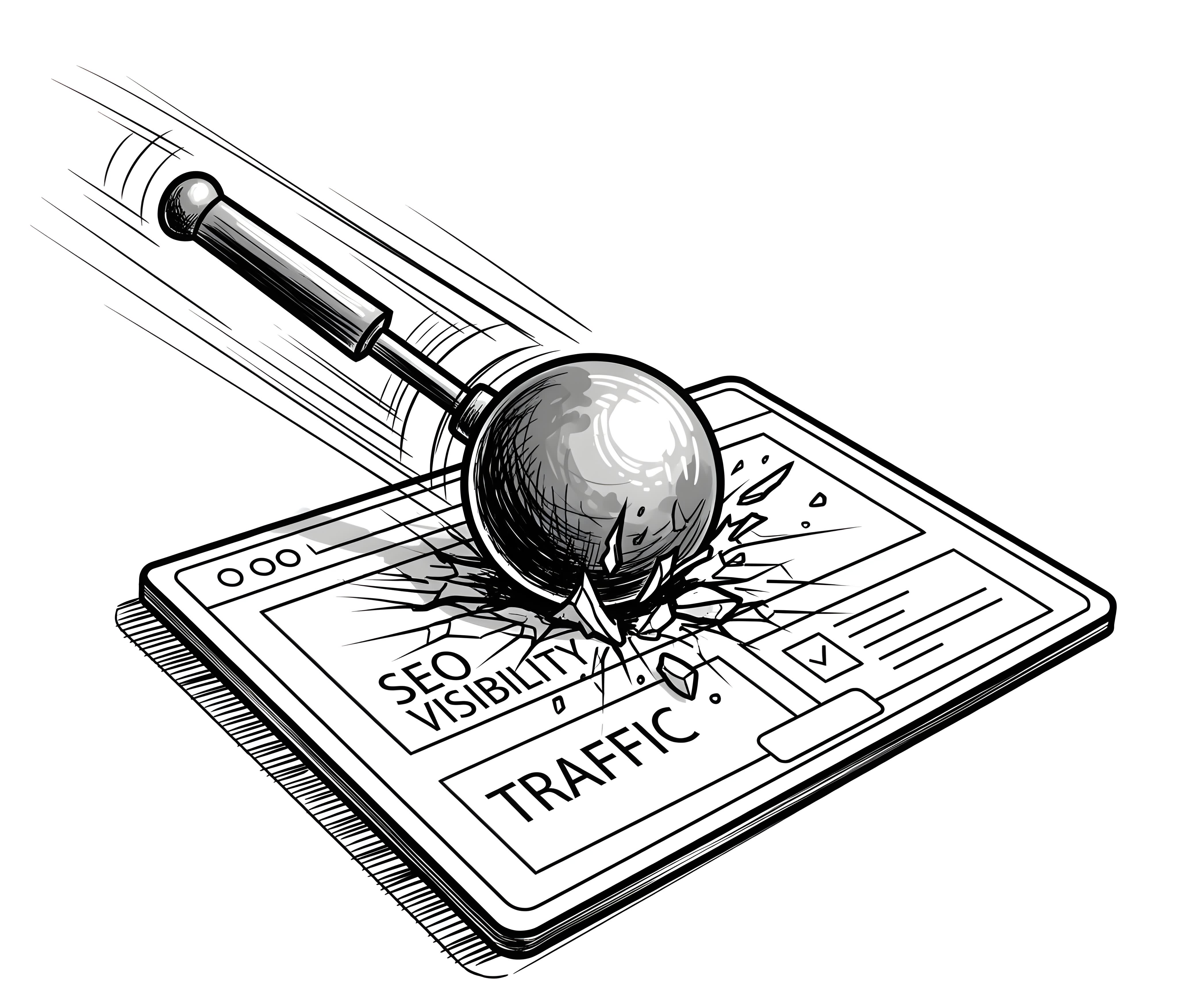 A black and white line drawing depicting a large, heavy wrecking ball smashing into a tablet device. The screen is cracked and shattered, with text visible that reads “SEO VISIBILITY” and “TRAFFIC”. Debris flies outwards from the point of impact, illustrating destruction.