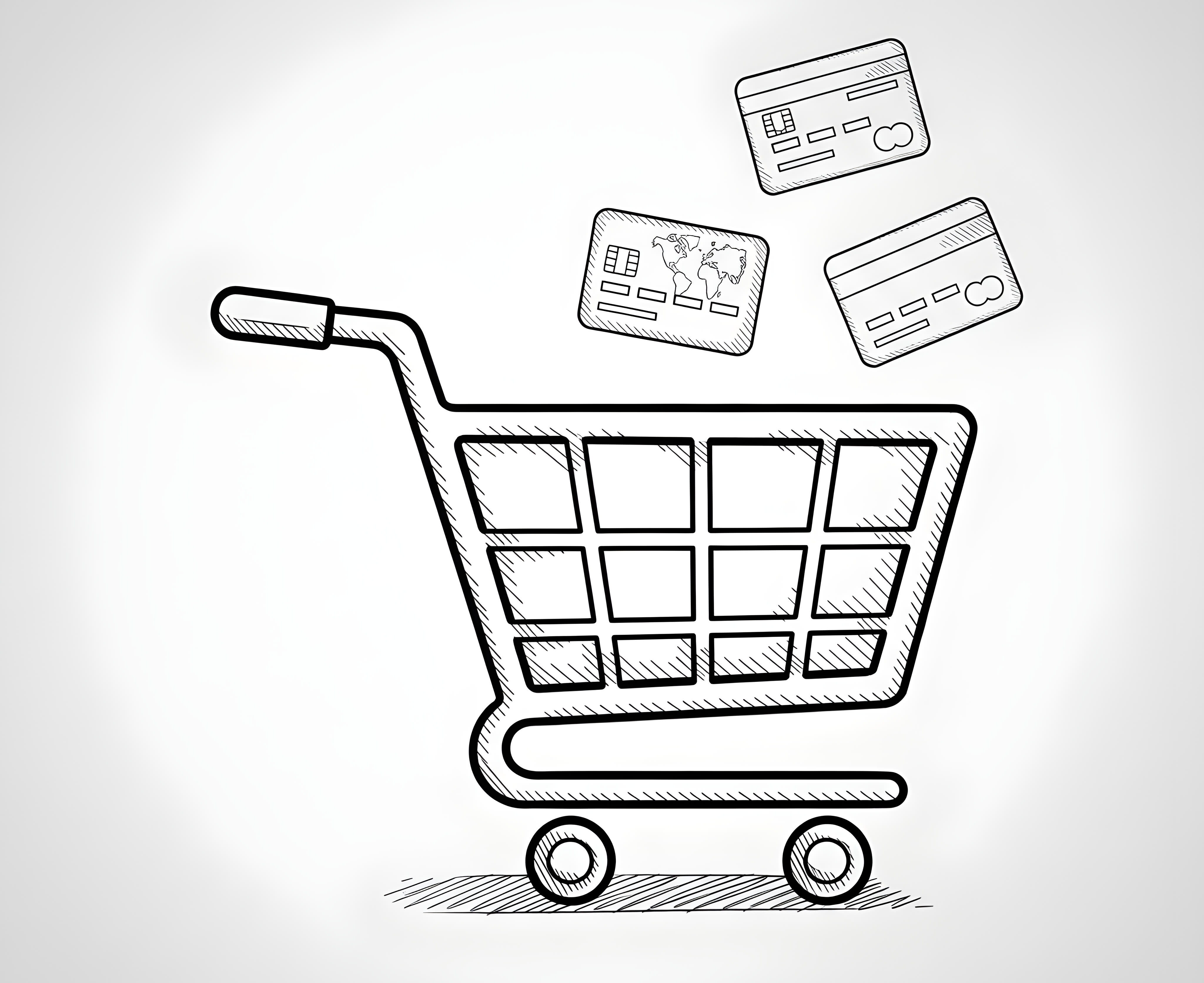Illustration of a shopping cart with credit cards, symbolizing online payments..