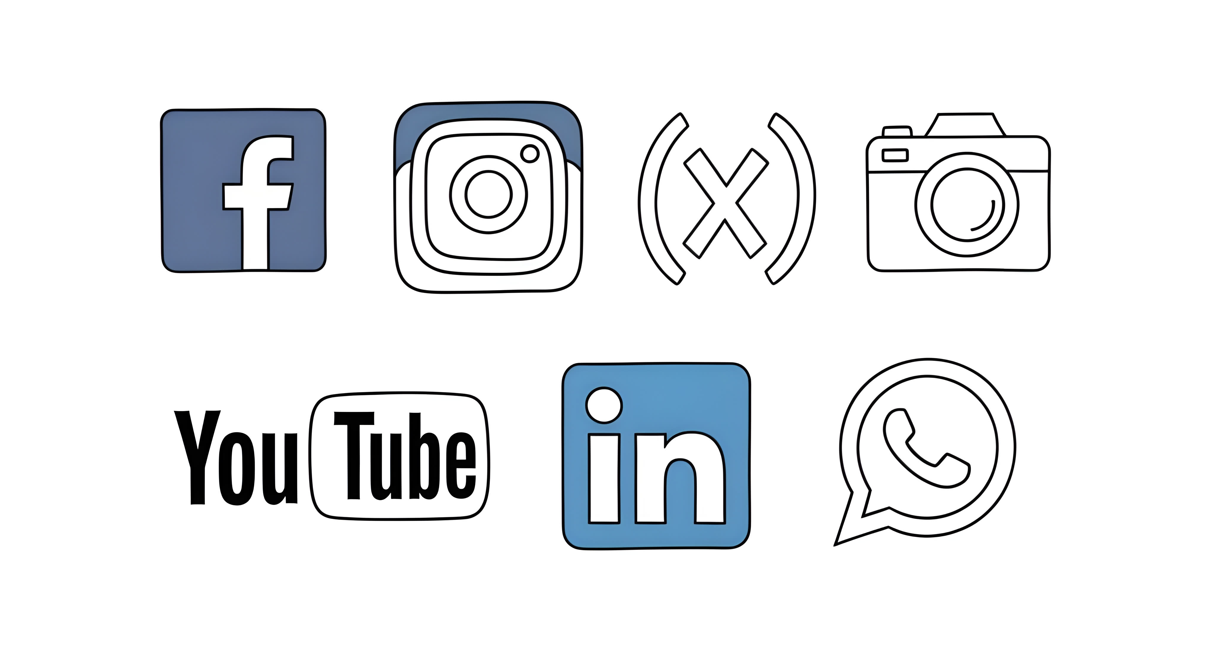A set of social media icons including Facebook, Instagram, X, YouTube, LinkedIn, WhatsApp, and a camera symbol, representing content sharing and official account connections..