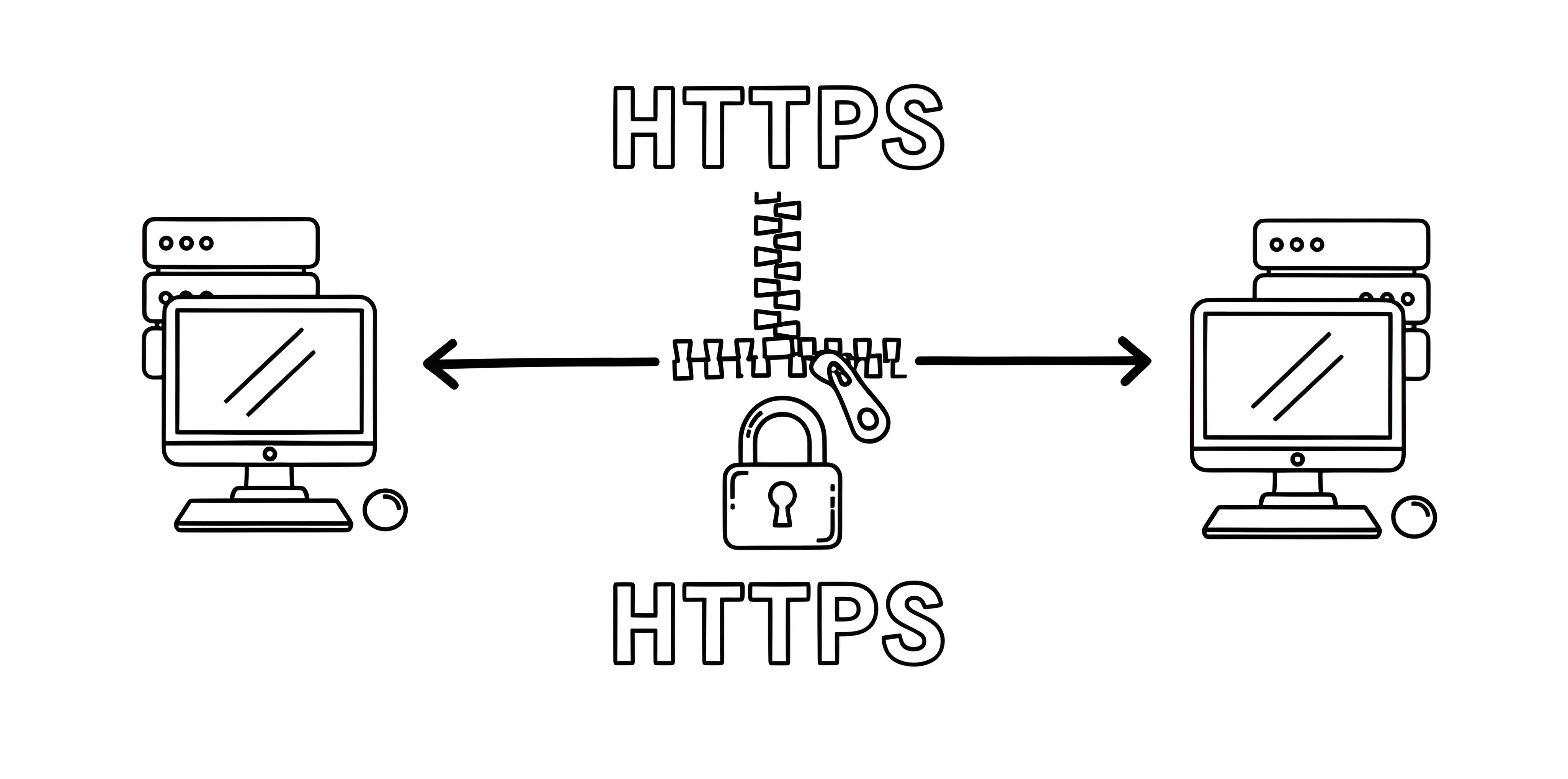 Illustration of two computers connected with arrows, zippers, and a lock symbol, representing secure HTTPS communication via SSL..