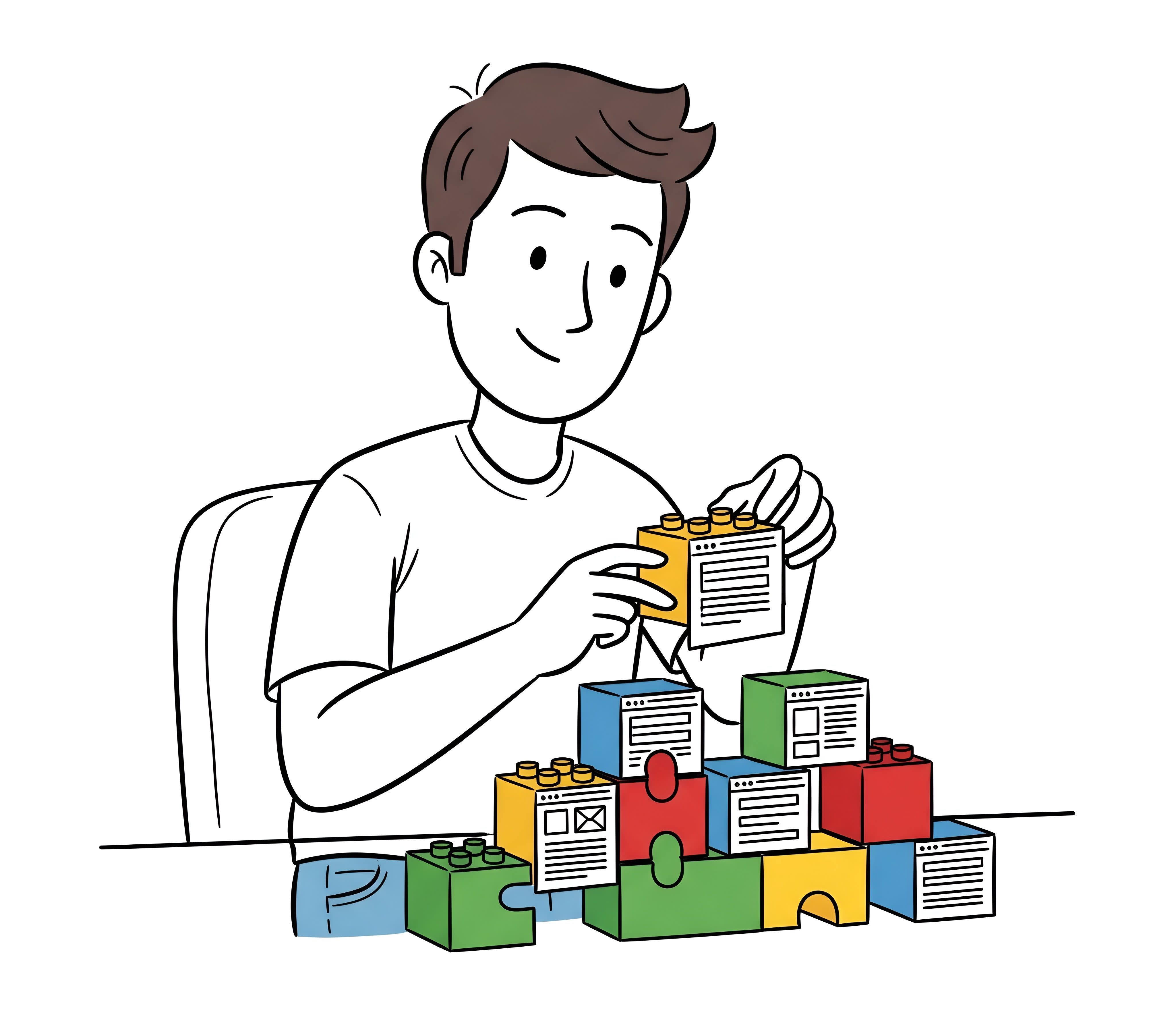 Illustration of a man assembling colorful building blocks, each block designed like a webpage, into a structured arrangement..
