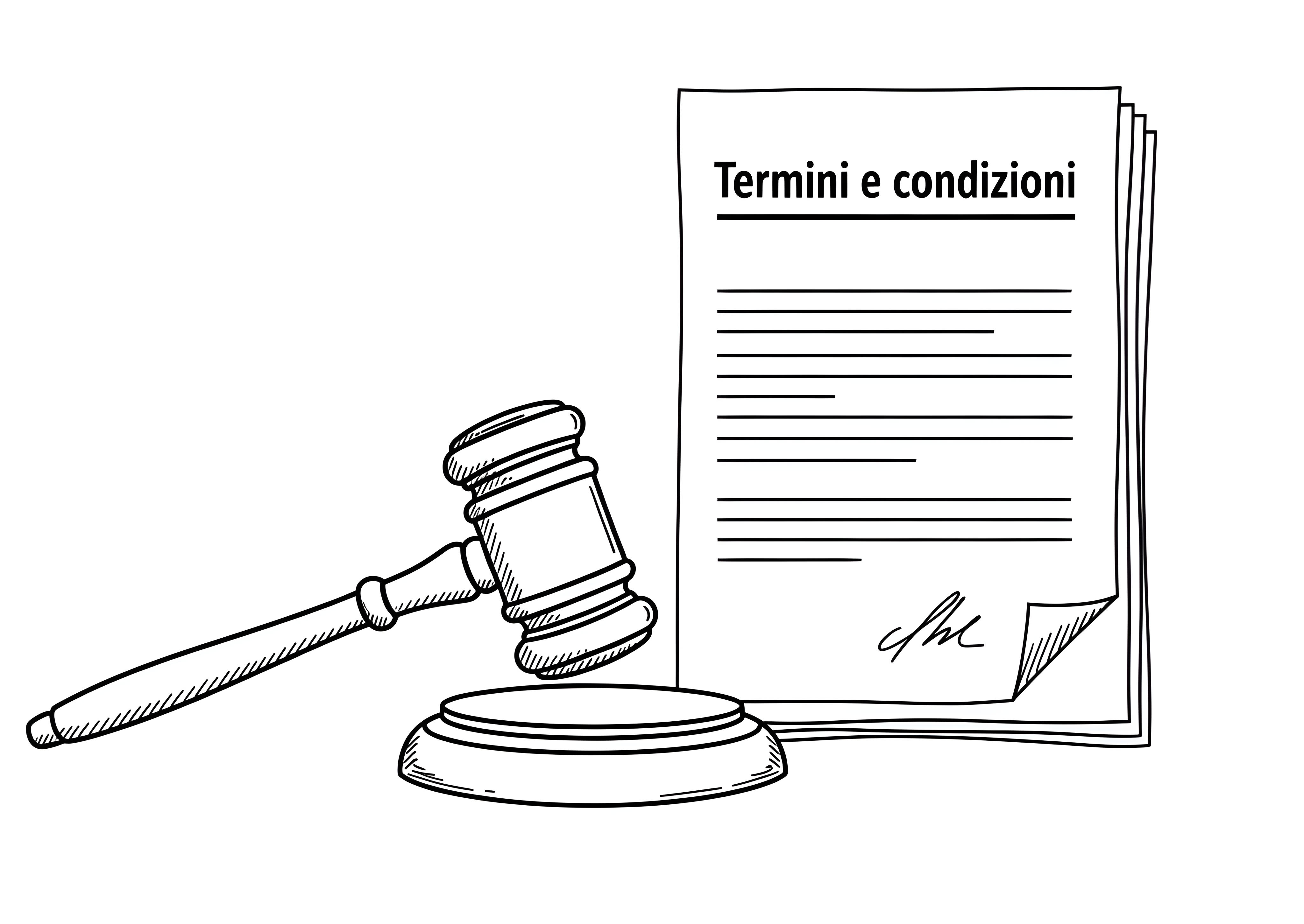 Illustrazione di un martelletto da giudice accanto a documenti, a simboleggiare i Termini e Condizioni di un sito web..
