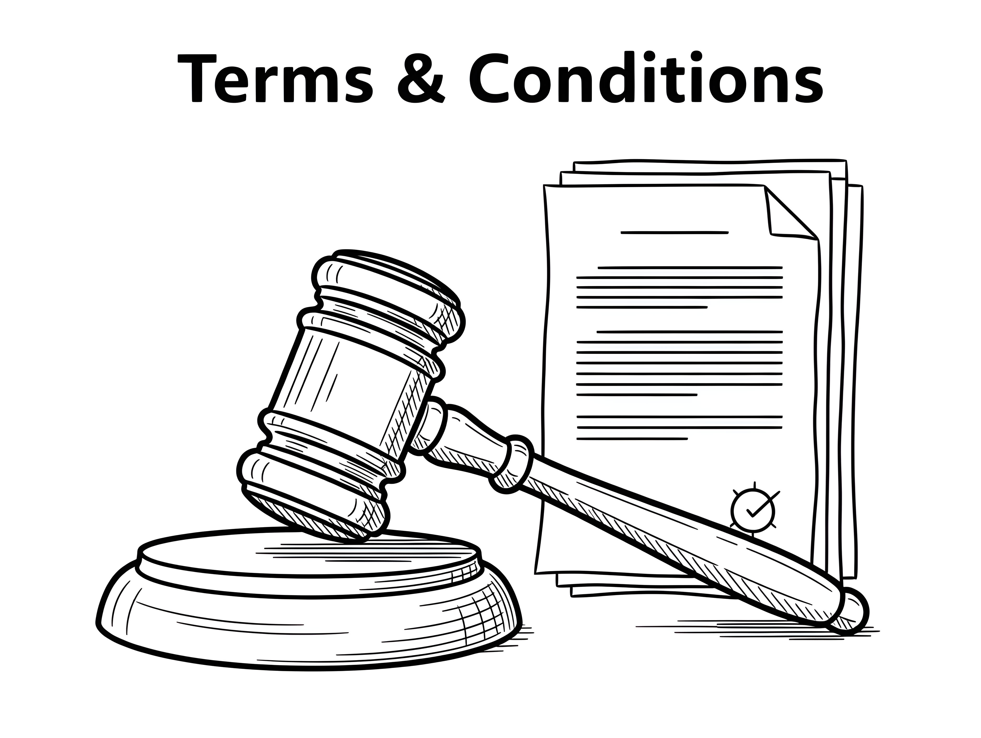 Illustration of a judge’s gavel next to documents, symbolizing website Terms and Conditions..