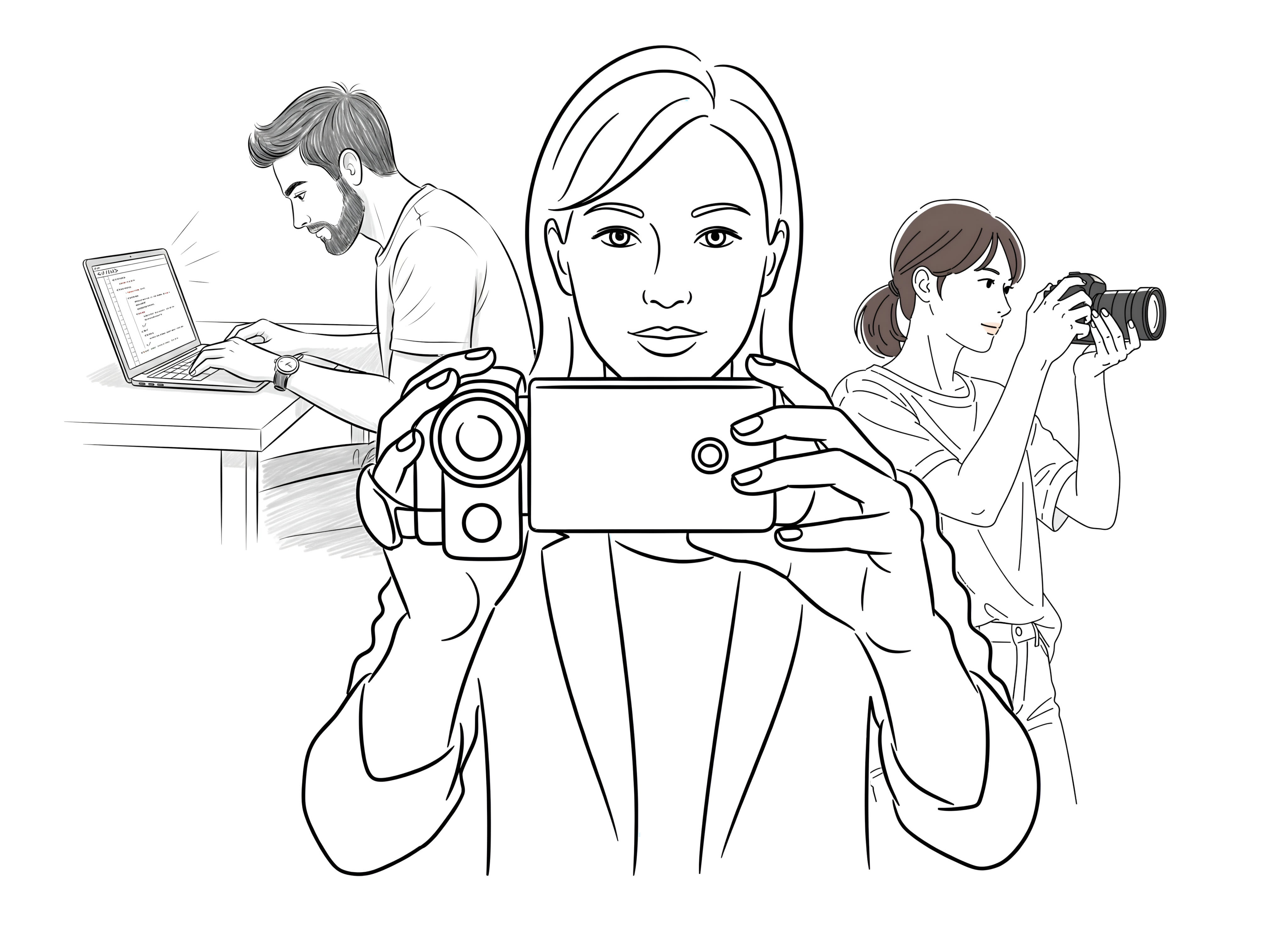 A line-art illustration of three content creators: a man typing on a laptop, a woman filming with a camera, and another woman shooting photos with a DSLR..