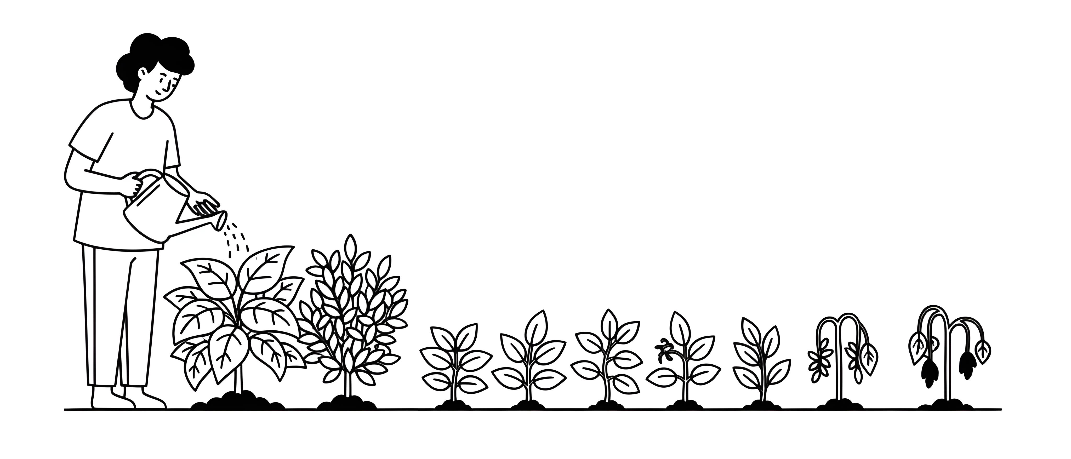 A black and white line drawing depicting a person watering a large, healthy plant on the far left. To the right, a series of smaller plants are shown in various stages of health: from robust and full, progressively getting smaller, then wilting, and finally two are completely withered. This illustrates a spectrum of plant health, from thriving to dying.