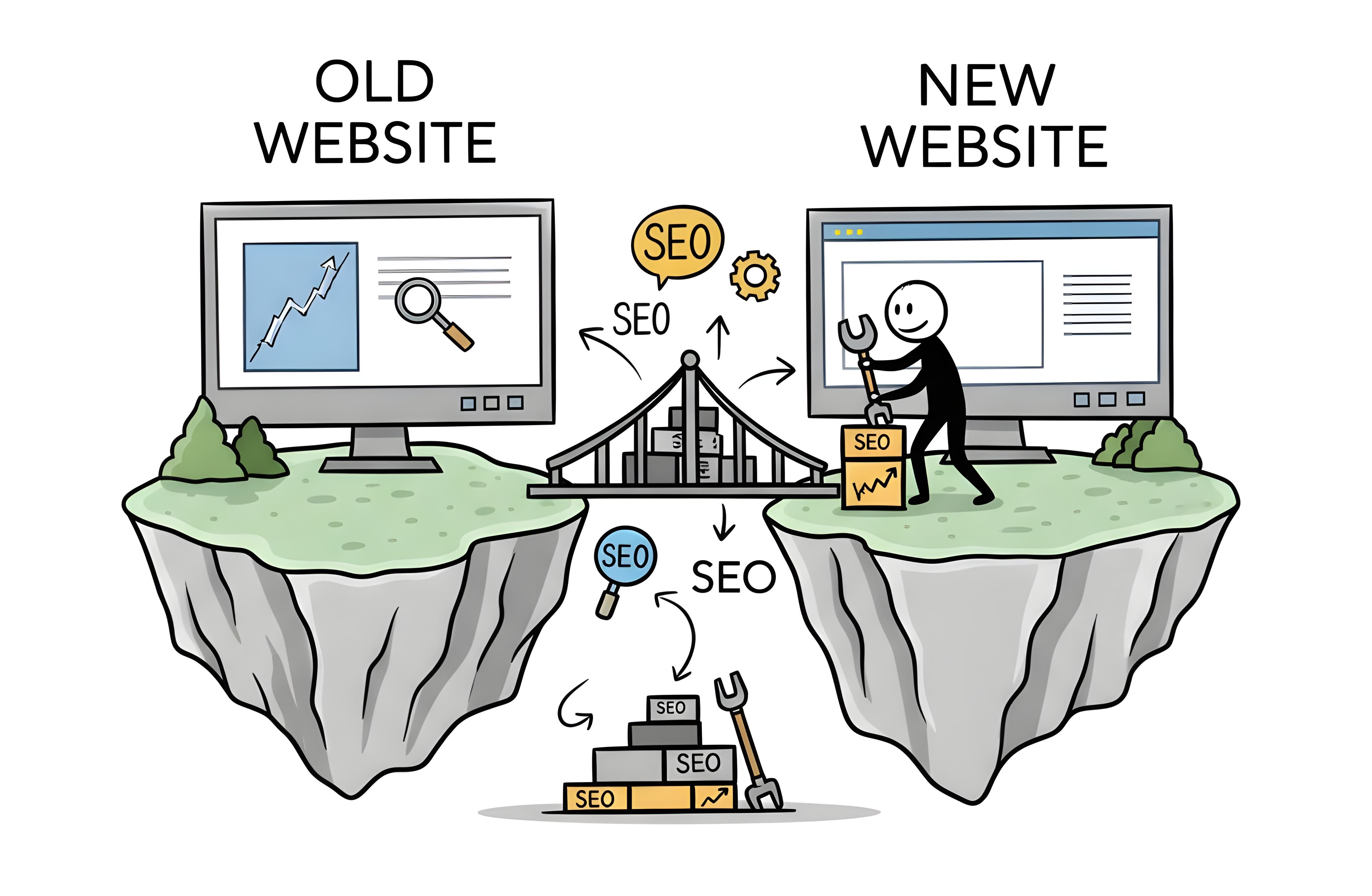 A cartoon illustration showing two floating landmasses connected by a bridge. On the left landmass is a monitor displaying the old website; on the right landmass is a monitor displaying the new website..